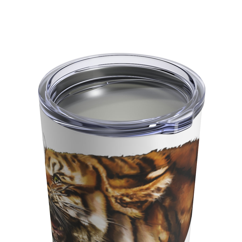 Tiger Tumbler 10oz in stainless steel with a see-thru plastic lid, showcasing its sleek design and rounded corners.