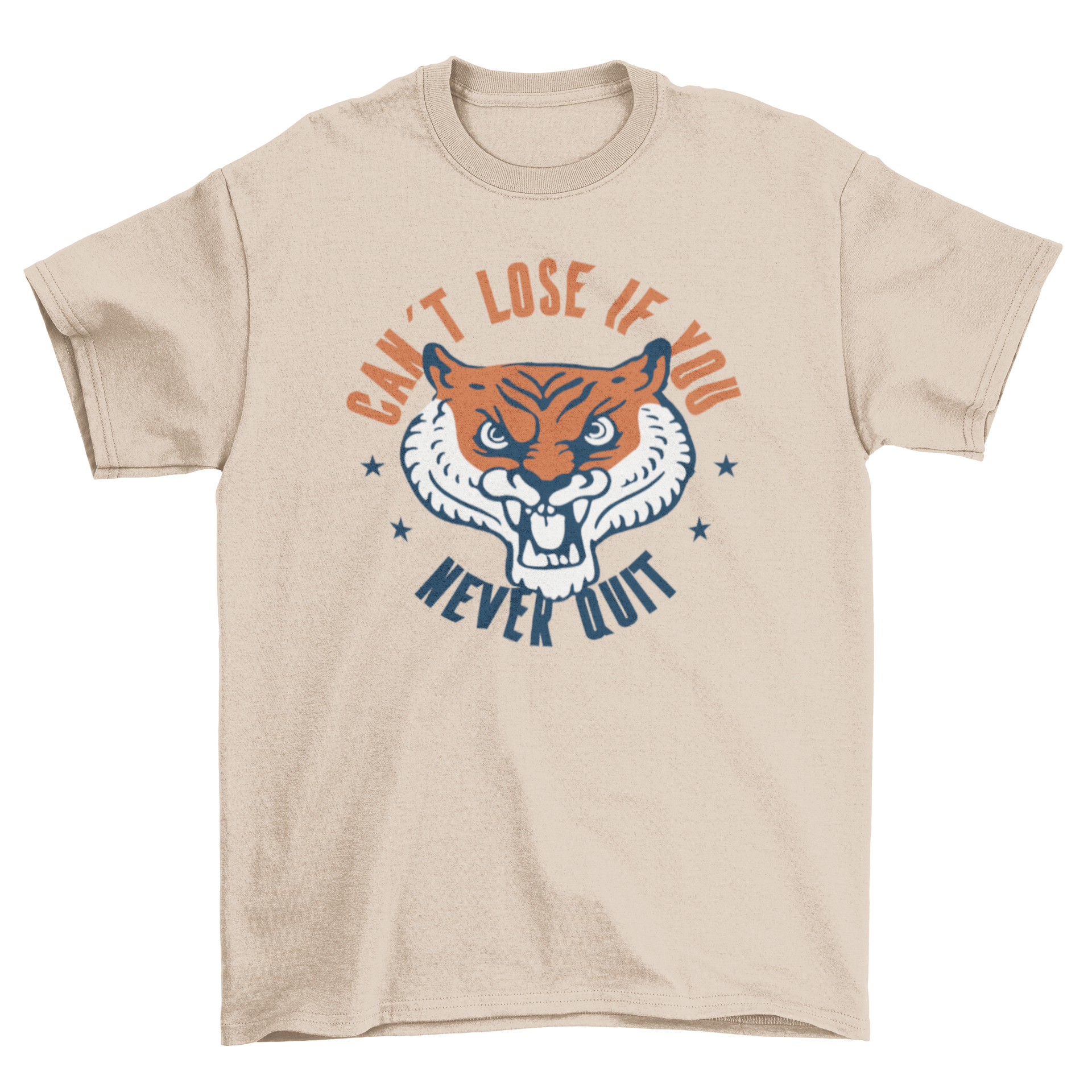 A vibrant cartoon t-shirt featuring a tiger head and motivational quote, perfect for casual wear.