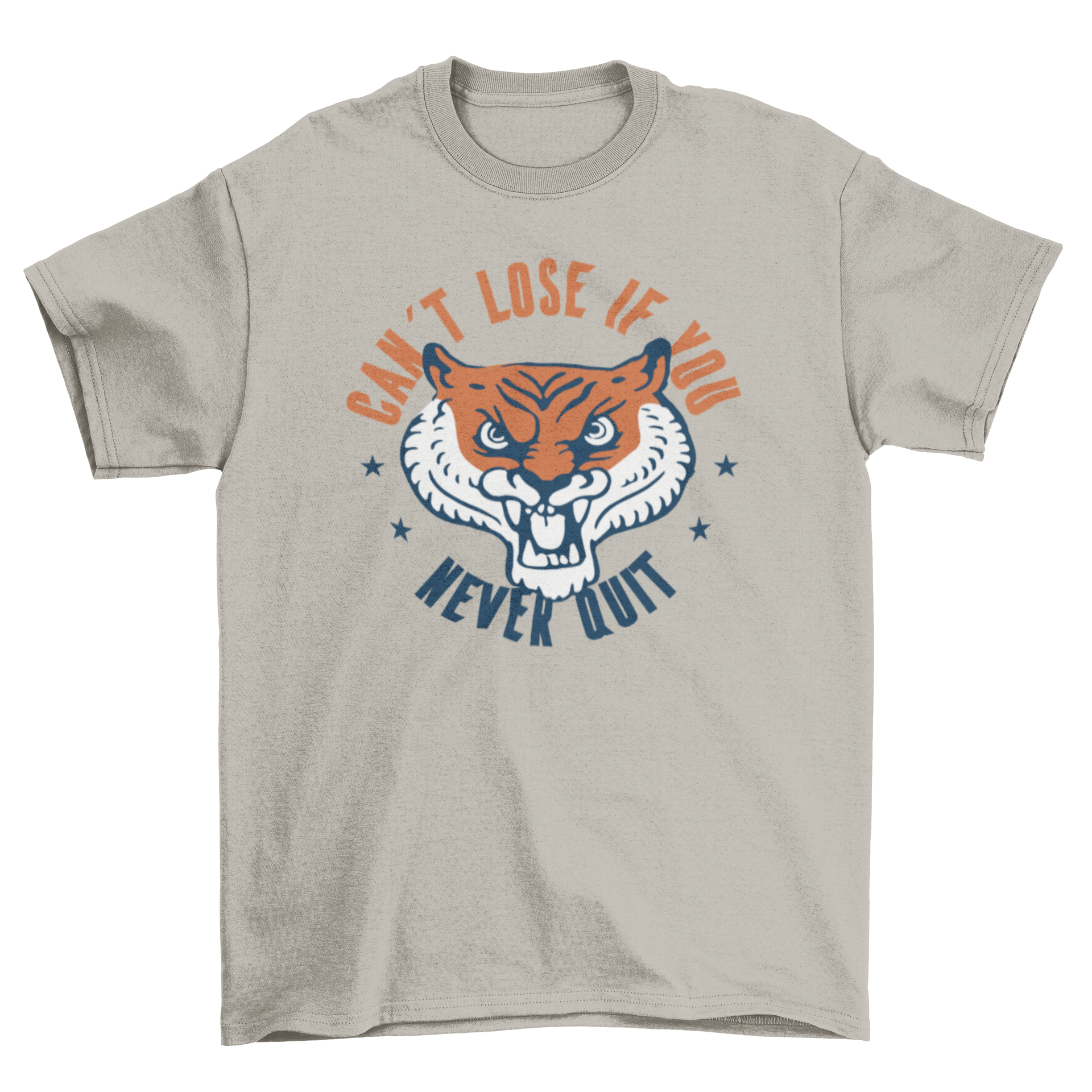 A vibrant cartoon t-shirt featuring a tiger head and motivational quote, perfect for casual wear.