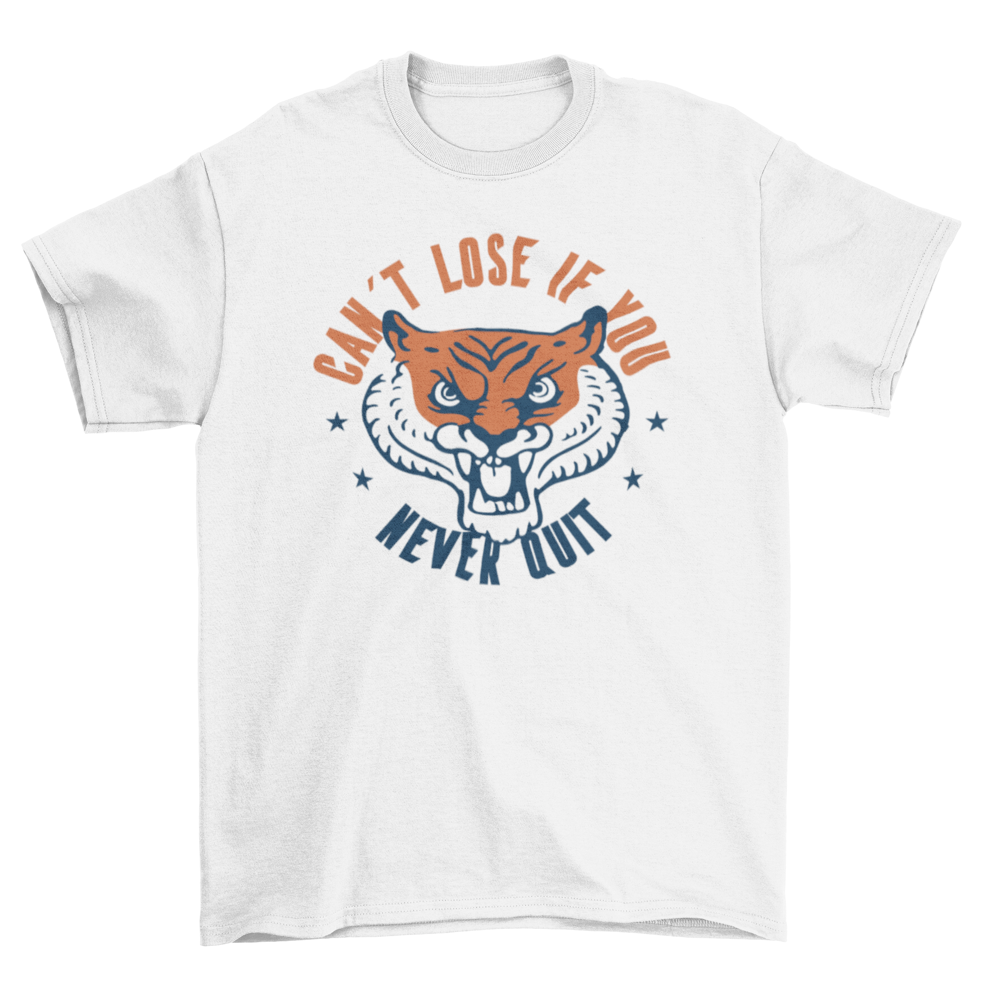 A vibrant cartoon t-shirt featuring a tiger head and motivational quote, perfect for casual wear.