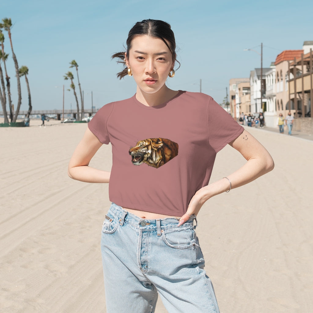 Tiger Women's Flowy Cropped Tee in various colors, showcasing its stylish design and comfortable fit.