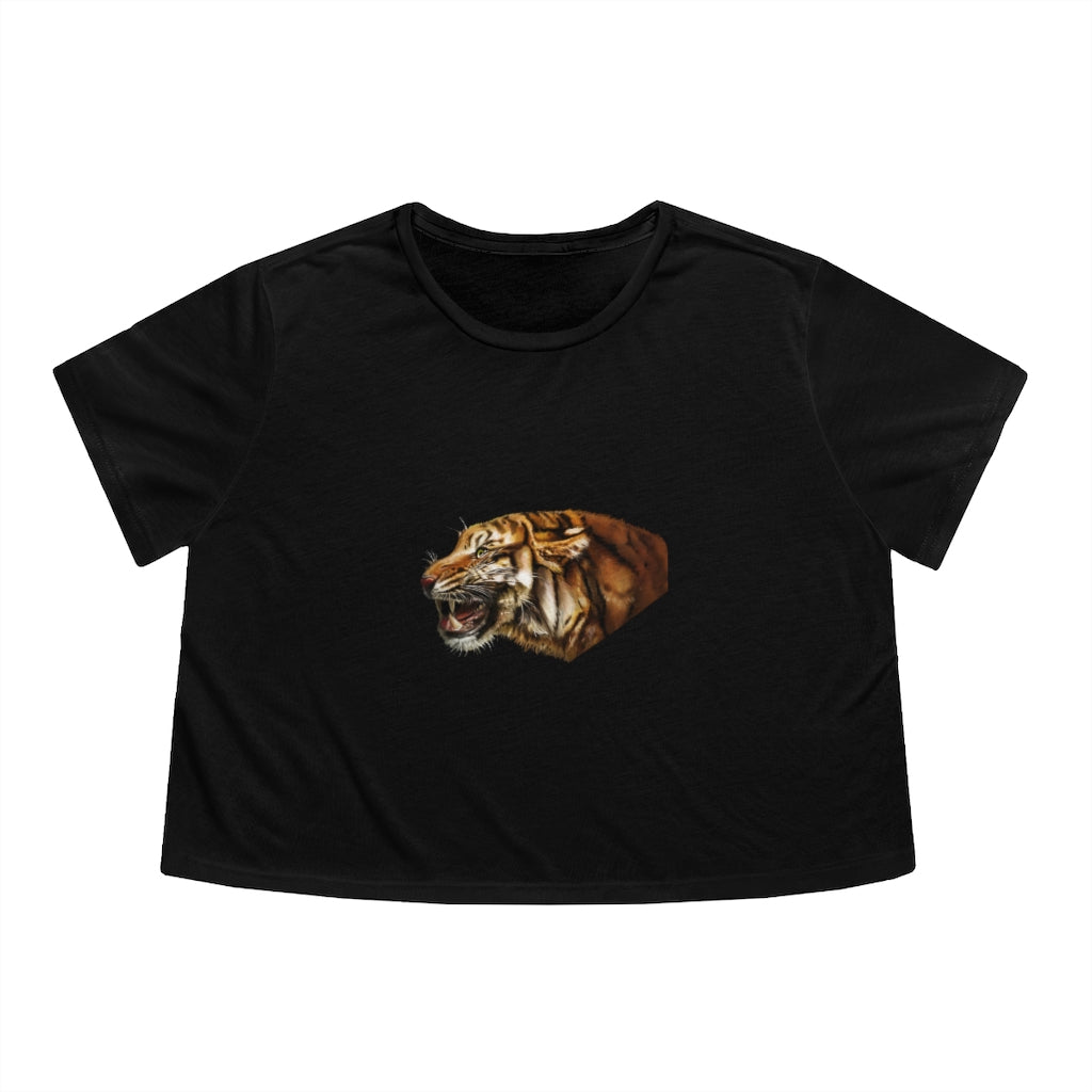 Tiger Women's Flowy Cropped Tee in various colors, showcasing its stylish design and comfortable fit.