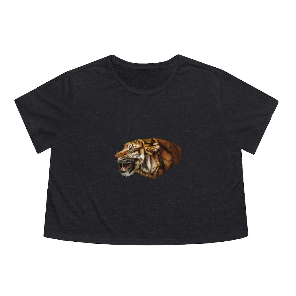 Tiger Women's Flowy Cropped Tee in various colors, showcasing its stylish design and comfortable fit.