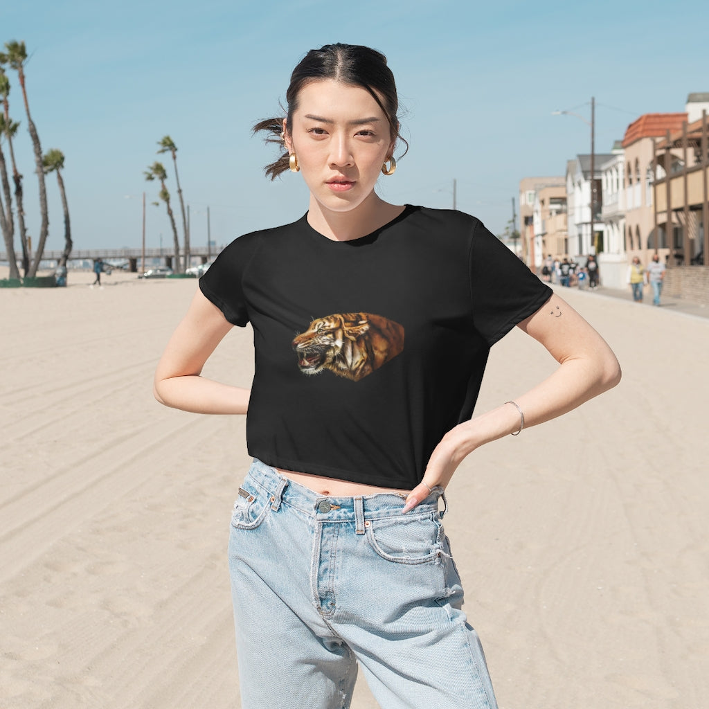 Tiger Women's Flowy Cropped Tee in various colors, showcasing its stylish design and comfortable fit.