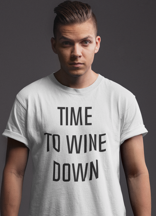 A stylish Time to Wine Down T-shirt made from soft ringspun cotton, featuring a fun wine-themed graphic design.