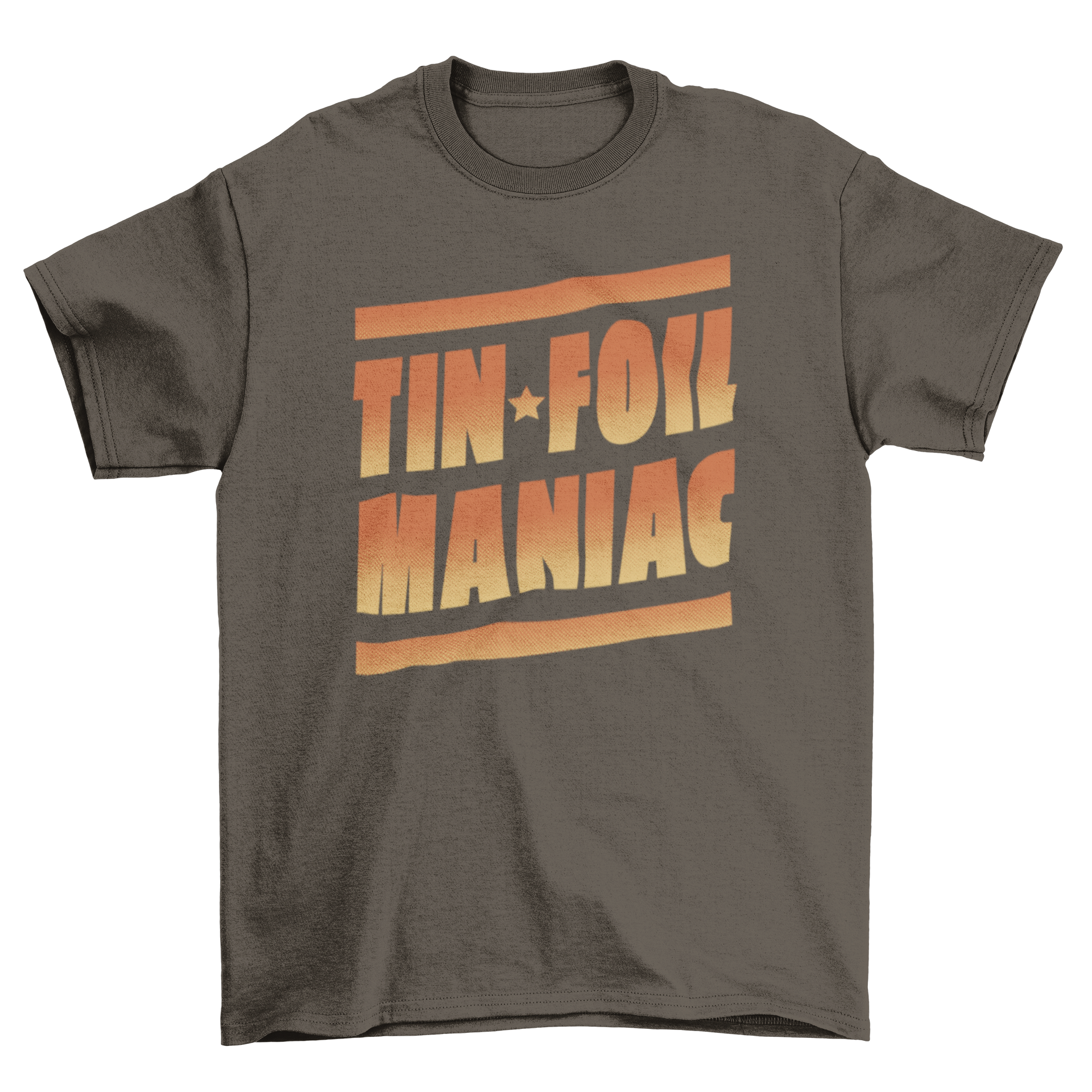 A stylish t-shirt featuring the quote 'Tin Foil Maniac' in a vibrant gradient design, perfect for casual wear.