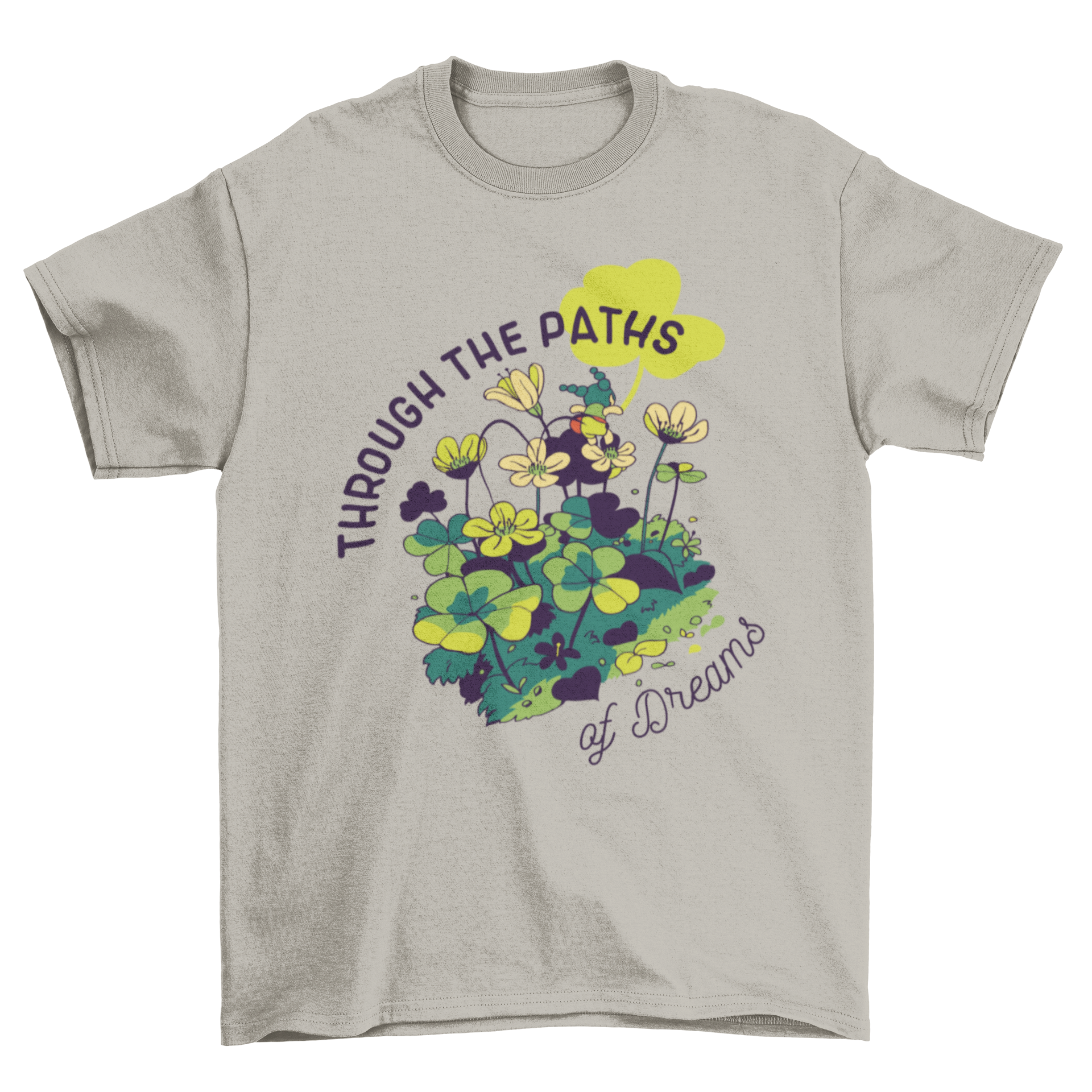 A whimsical t-shirt featuring a tiny girl surrounded by colorful flowers with the quote 'Through the paths of dreams'.