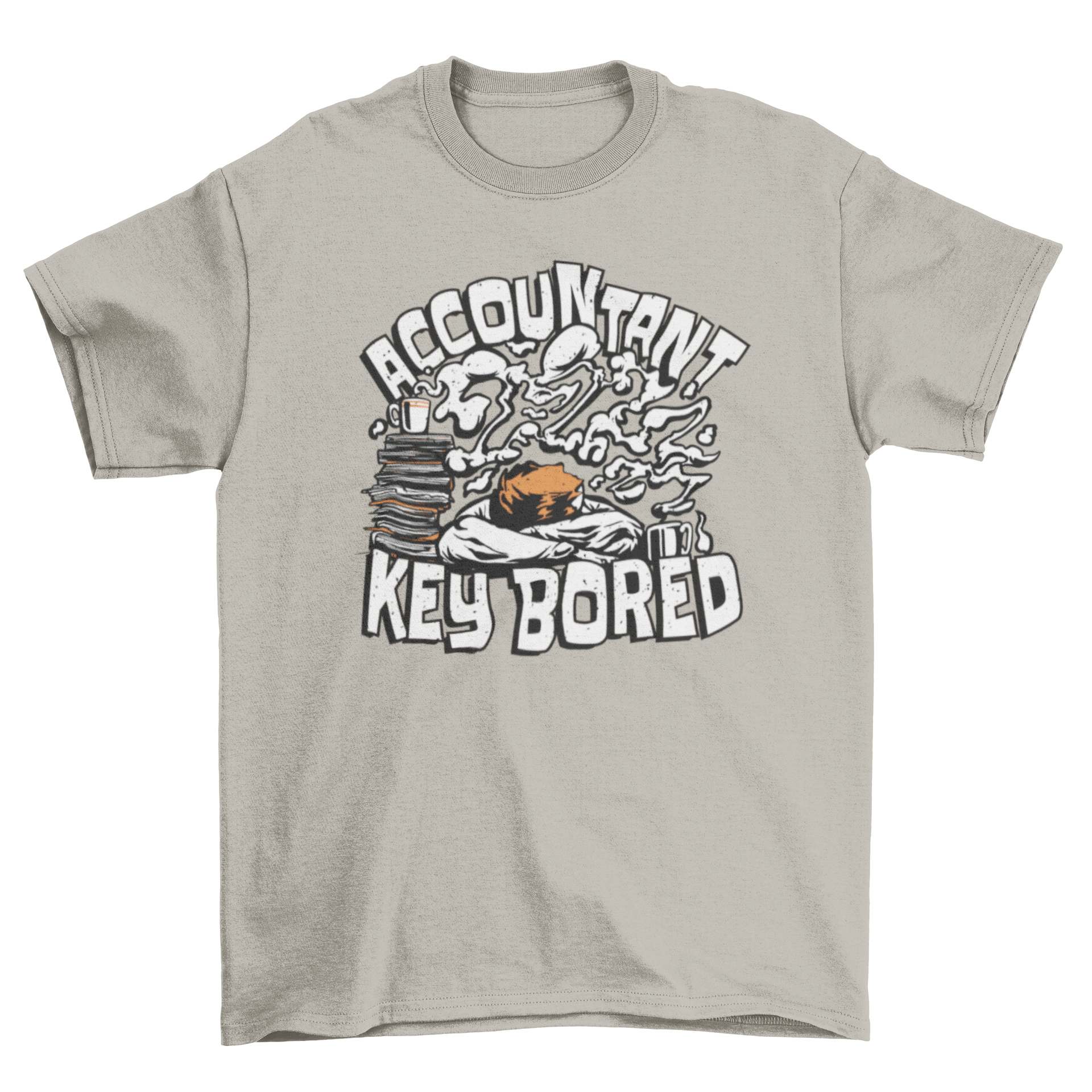 A humorous t-shirt featuring a tired accountant sleeping on a keyboard with the pun 'Accountant key bored'.