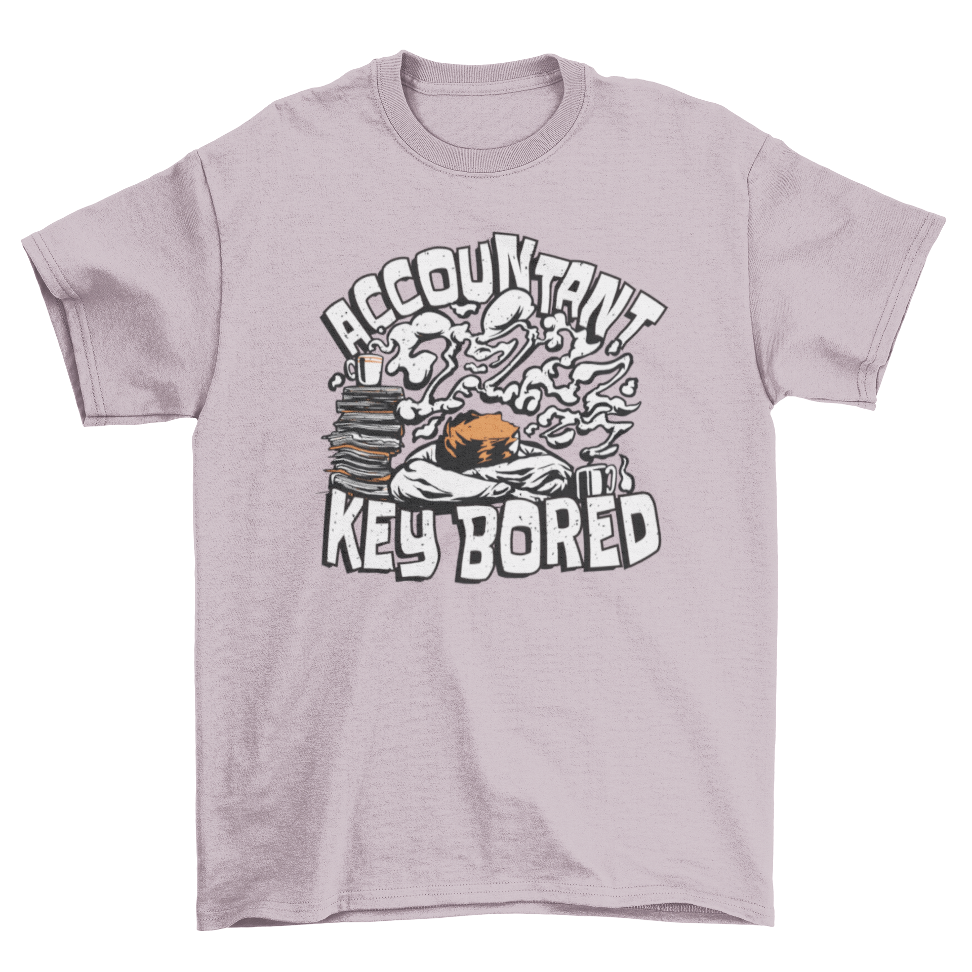 A humorous t-shirt featuring a tired accountant sleeping on a keyboard with the pun 'Accountant key bored'.