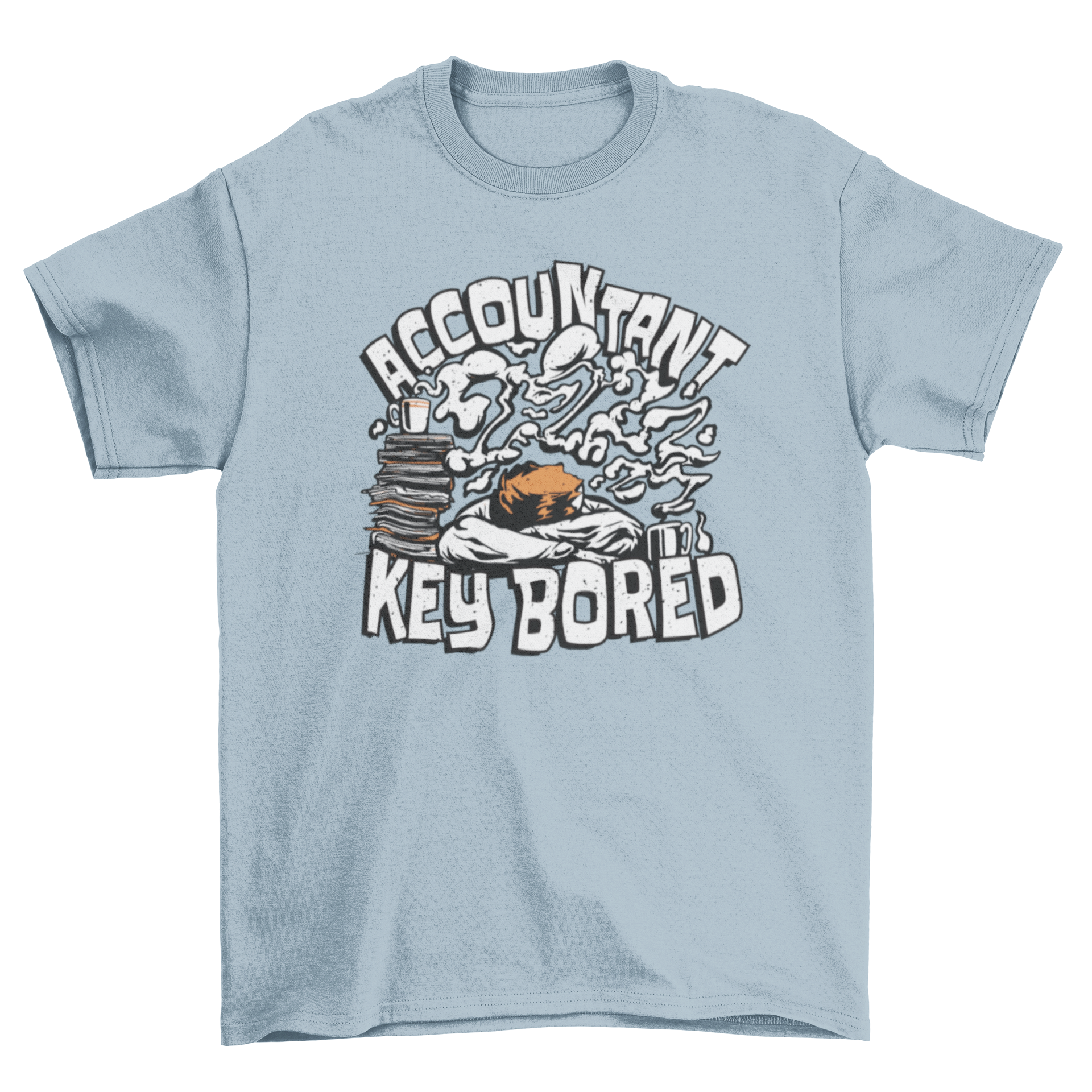 A humorous t-shirt featuring a tired accountant sleeping on a keyboard with the pun 'Accountant key bored'.