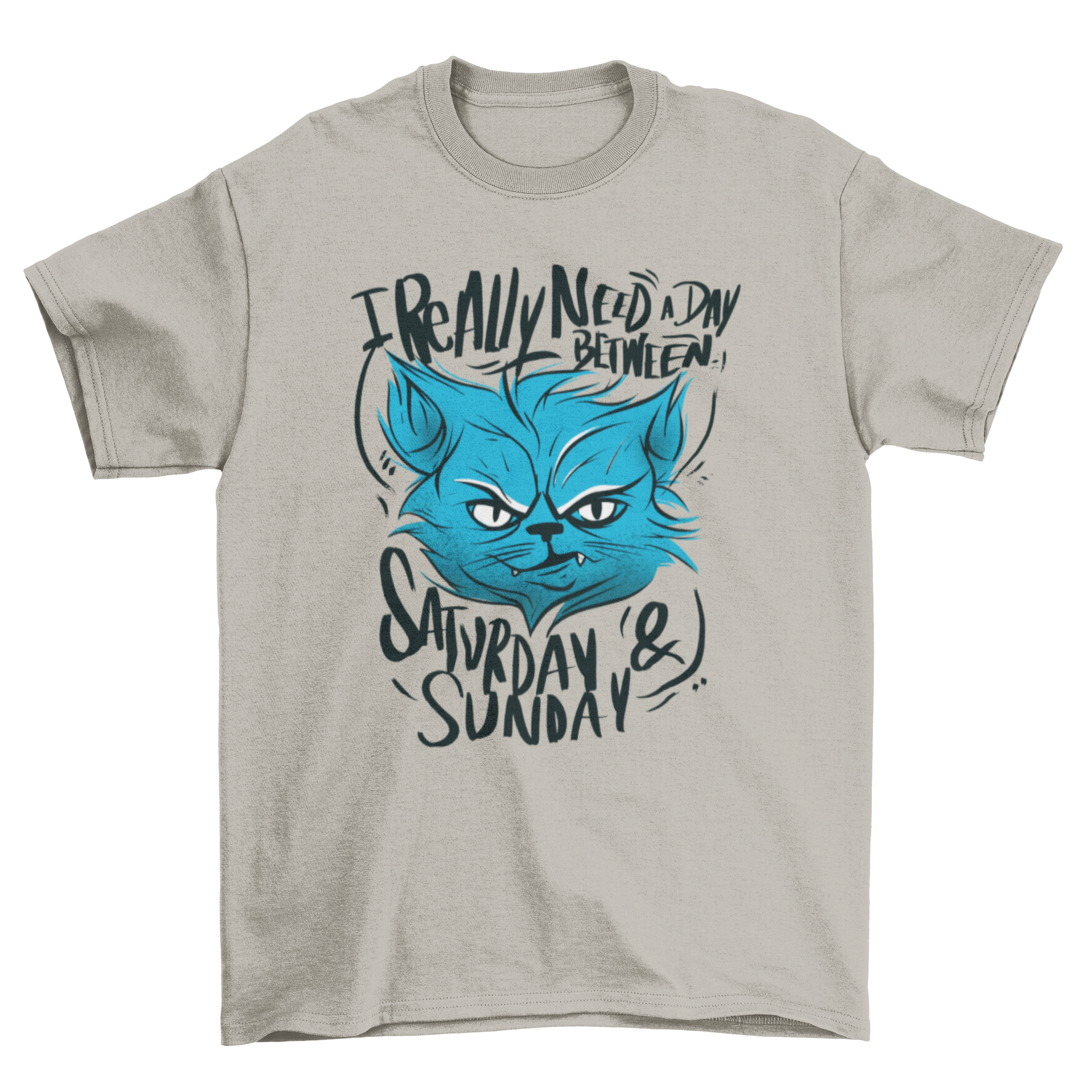 A cute t-shirt featuring a tired cat illustration and the quote 'I really need a day between Saturday and Sunday'.