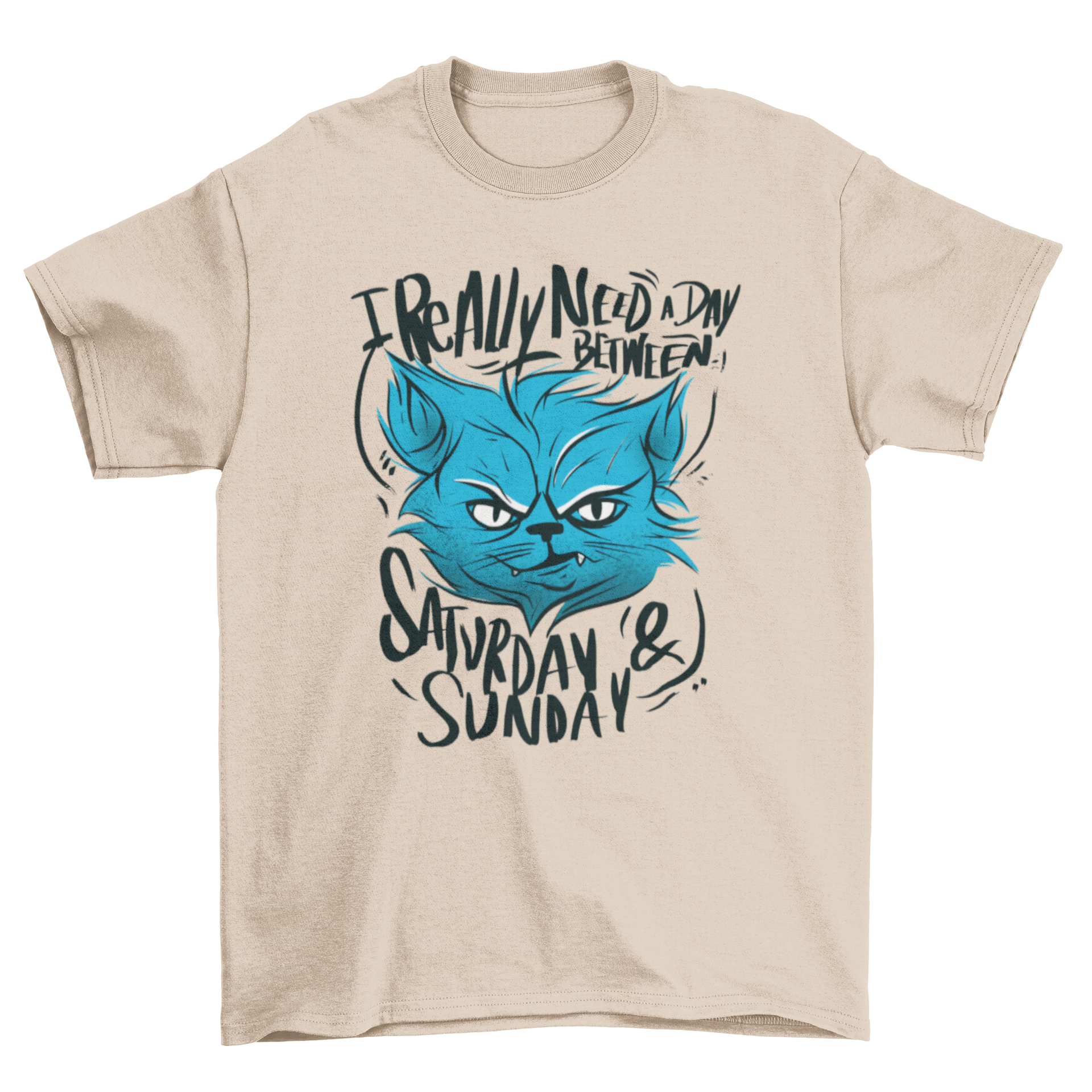 A cute t-shirt featuring a tired cat illustration and the quote 'I really need a day between Saturday and Sunday'.