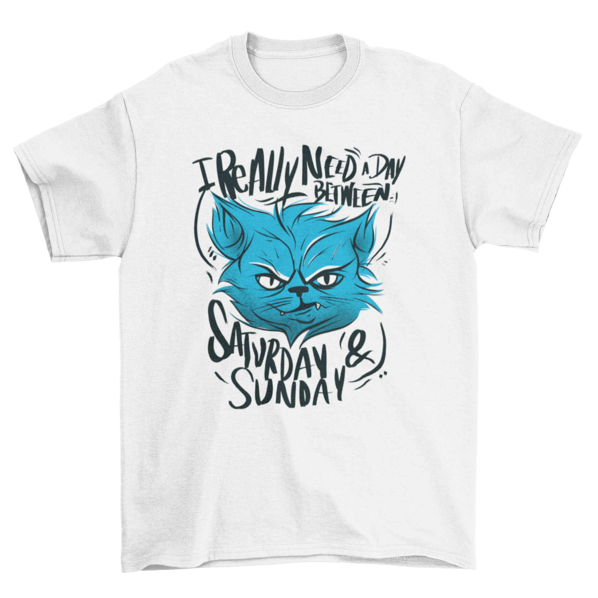 A cute t-shirt featuring a tired cat illustration and the quote 'I really need a day between Saturday and Sunday'.