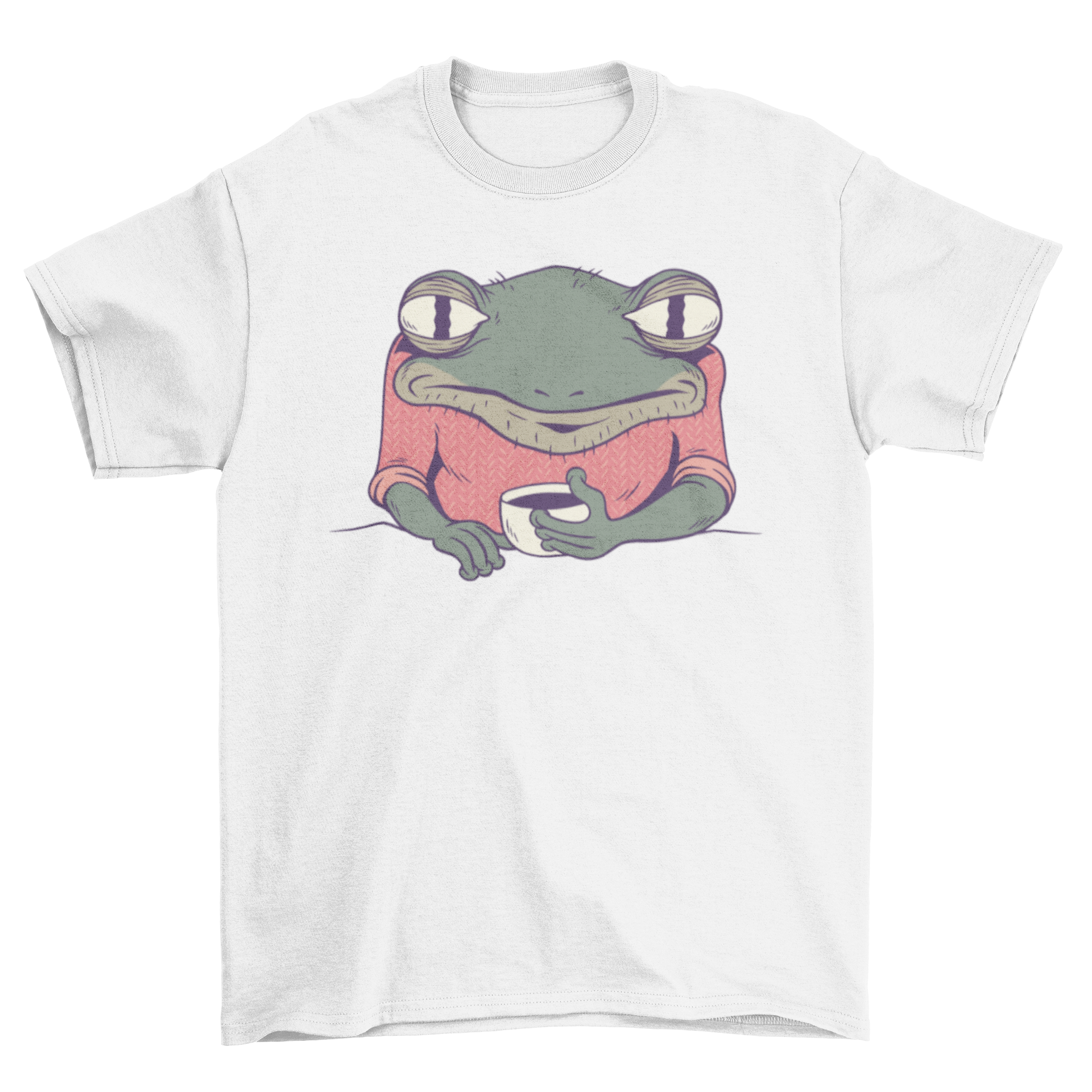 A whimsical t-shirt featuring a tired frog happily drinking coffee, showcasing a fun and unique design.