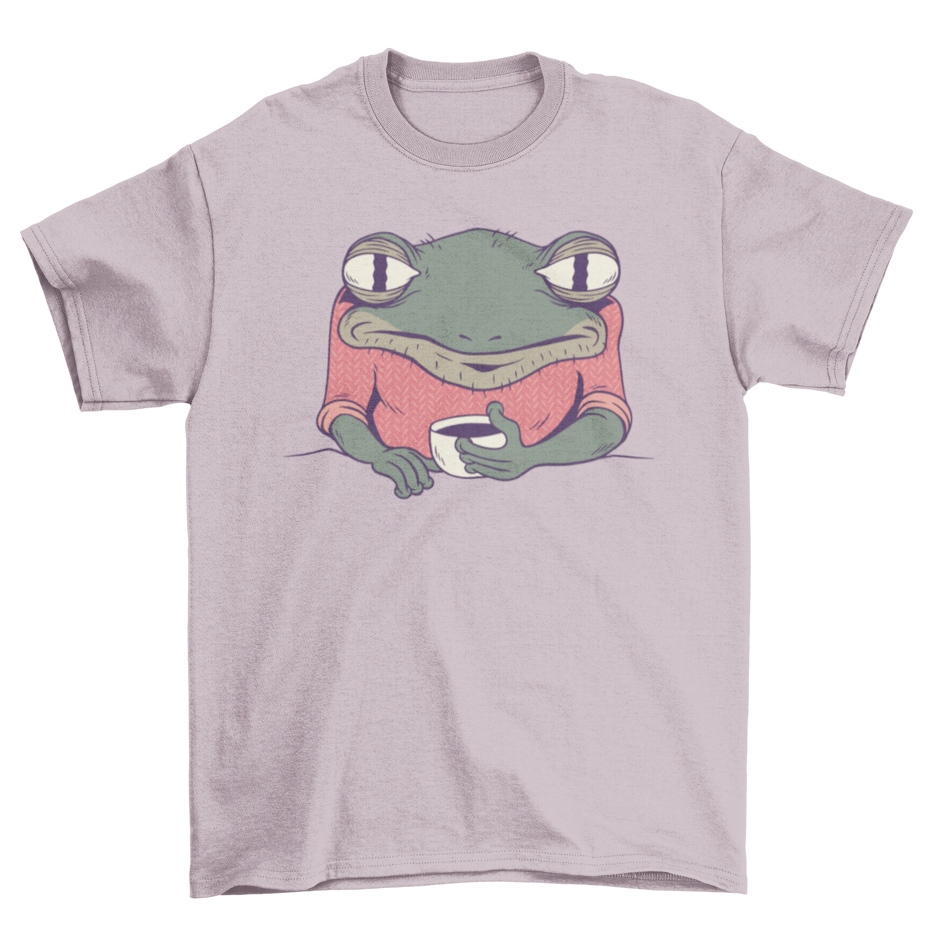 A whimsical t-shirt featuring a tired frog happily drinking coffee, showcasing a fun and unique design.