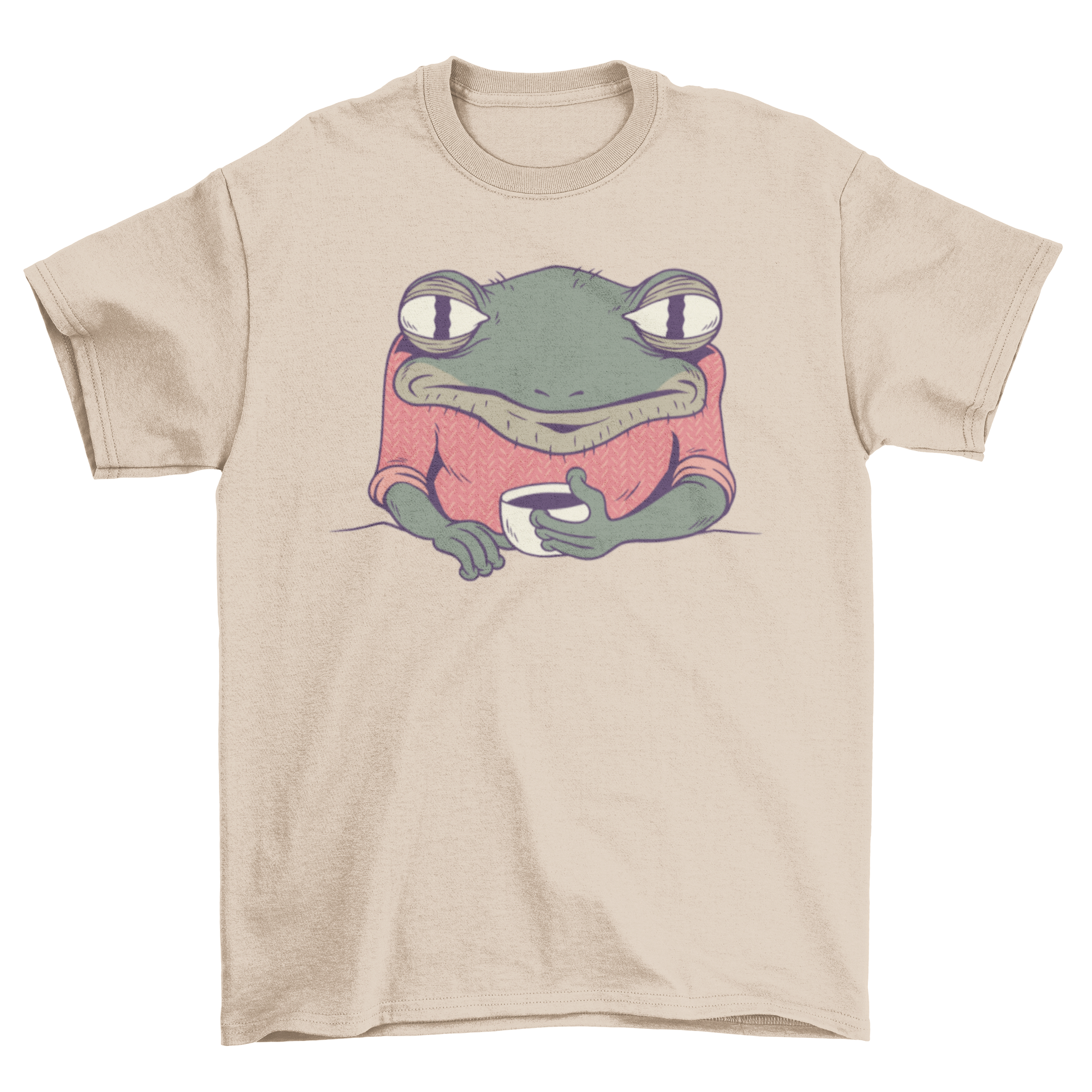 A whimsical t-shirt featuring a tired frog happily drinking coffee, showcasing a fun and unique design.