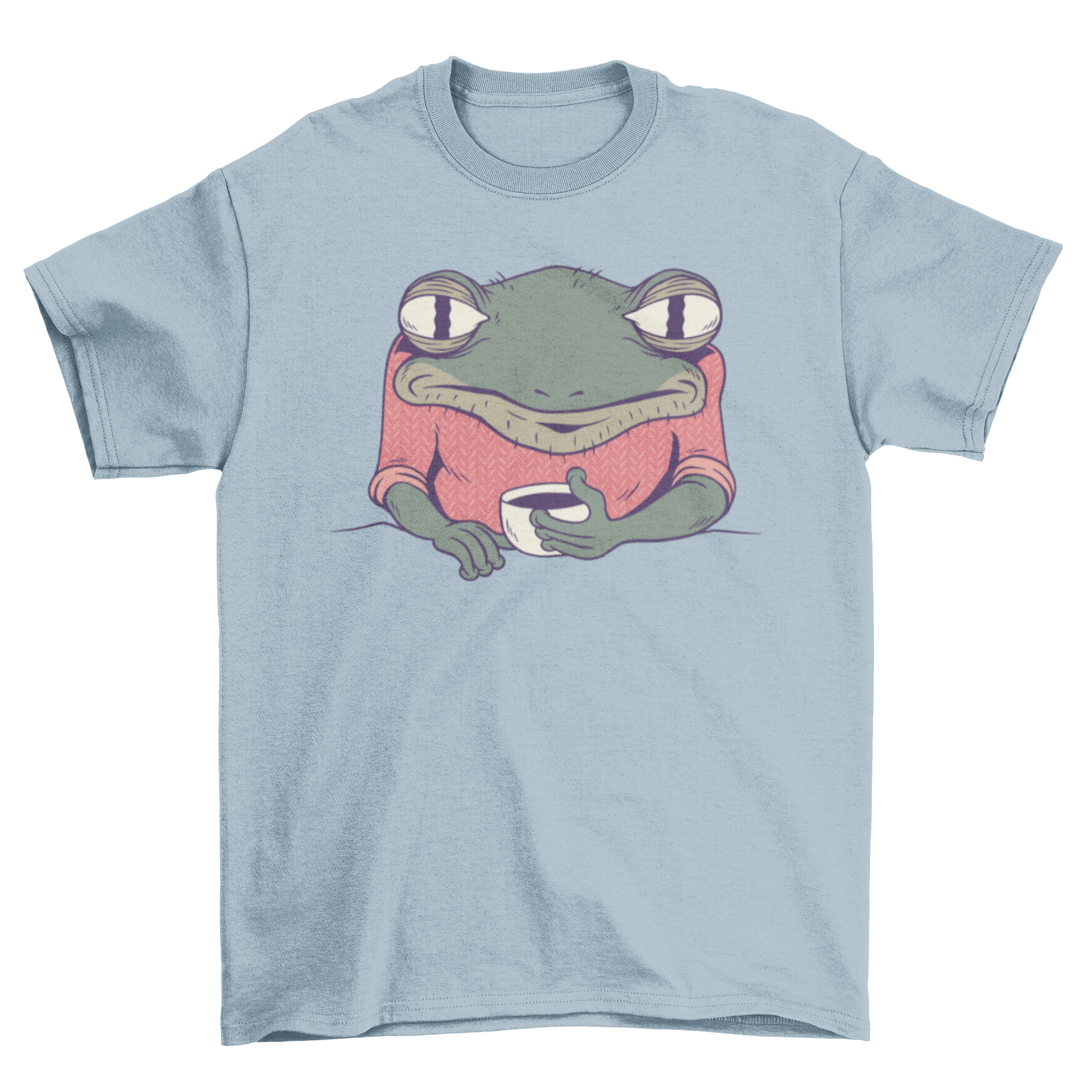 A whimsical t-shirt featuring a tired frog happily drinking coffee, showcasing a fun and unique design.