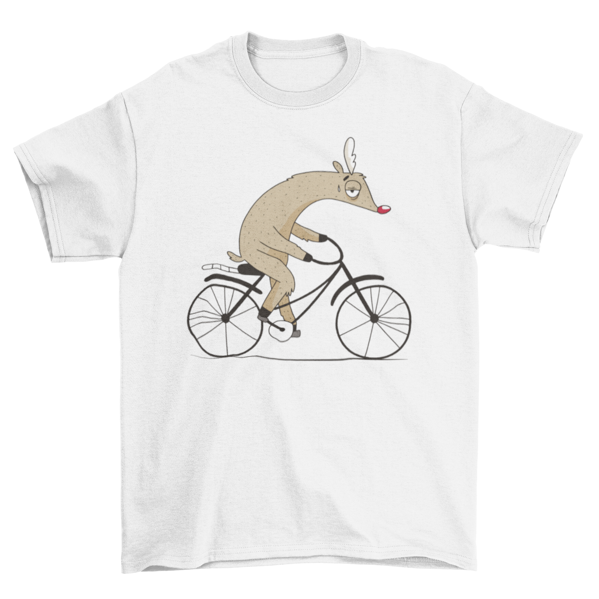 A humorous Christmas T-shirt featuring a tired Rudolph riding a bicycle, perfect for holiday festivities.