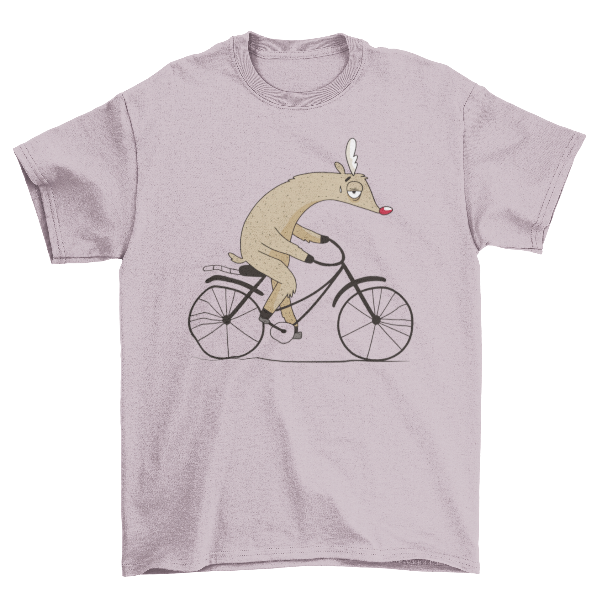 A humorous Christmas T-shirt featuring a tired Rudolph riding a bicycle, perfect for holiday festivities.