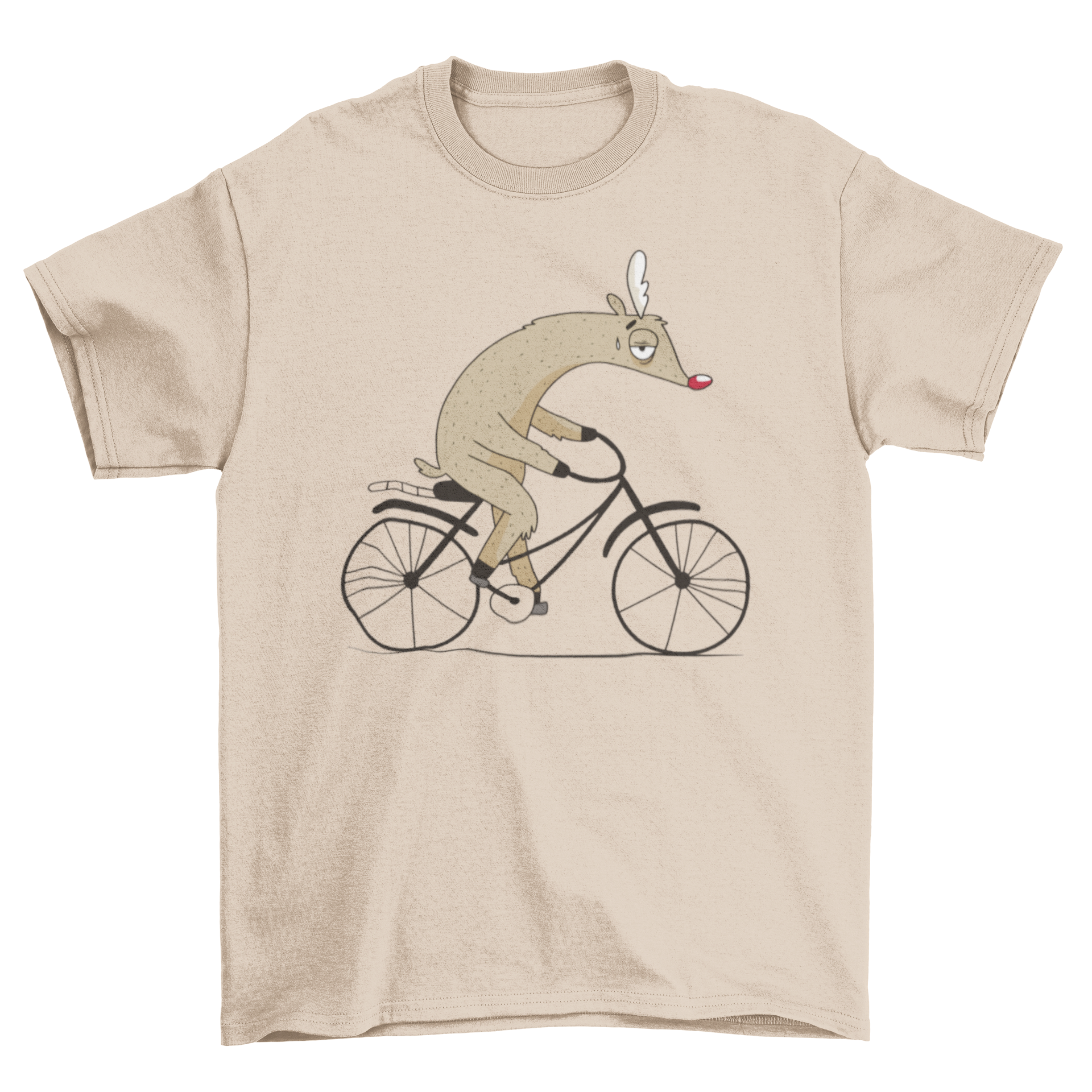 A humorous Christmas T-shirt featuring a tired Rudolph riding a bicycle, perfect for holiday festivities.