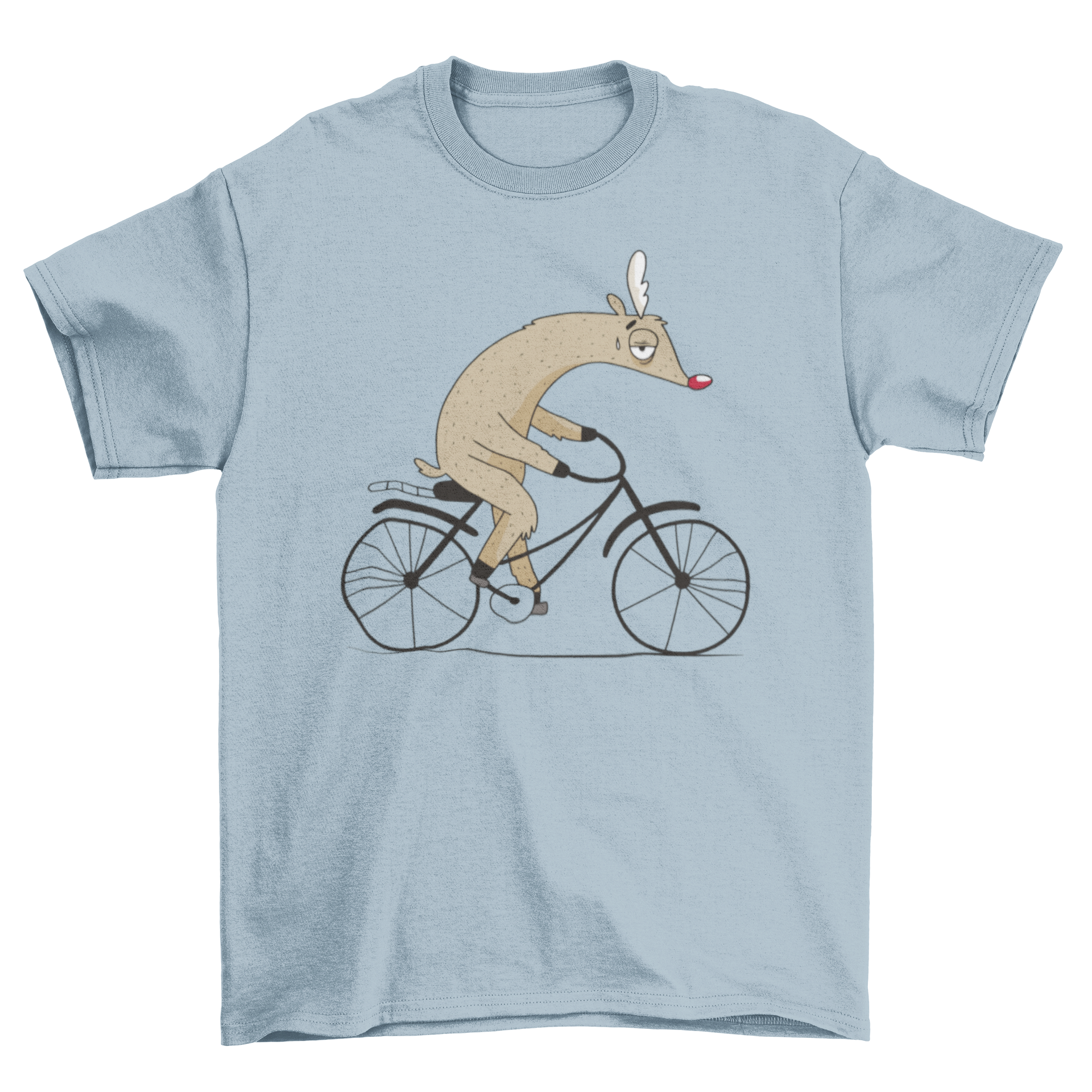 A humorous Christmas T-shirt featuring a tired Rudolph riding a bicycle, perfect for holiday festivities.