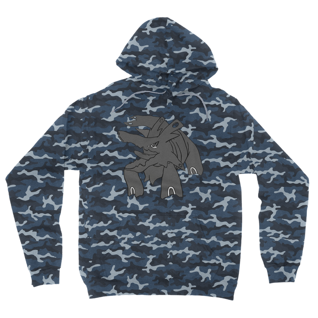 Titanica Camouflage Adult Hoodie featuring an all-over camo design, double fabric hood, and kangaroo pouch pocket.