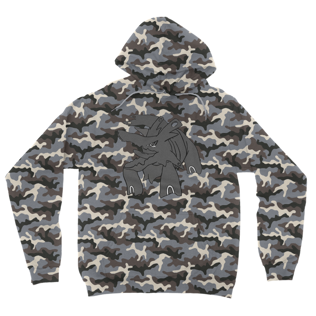 Titanica Camouflage Adult Hoodie featuring an all-over camo design, double fabric hood, and kangaroo pouch pocket.