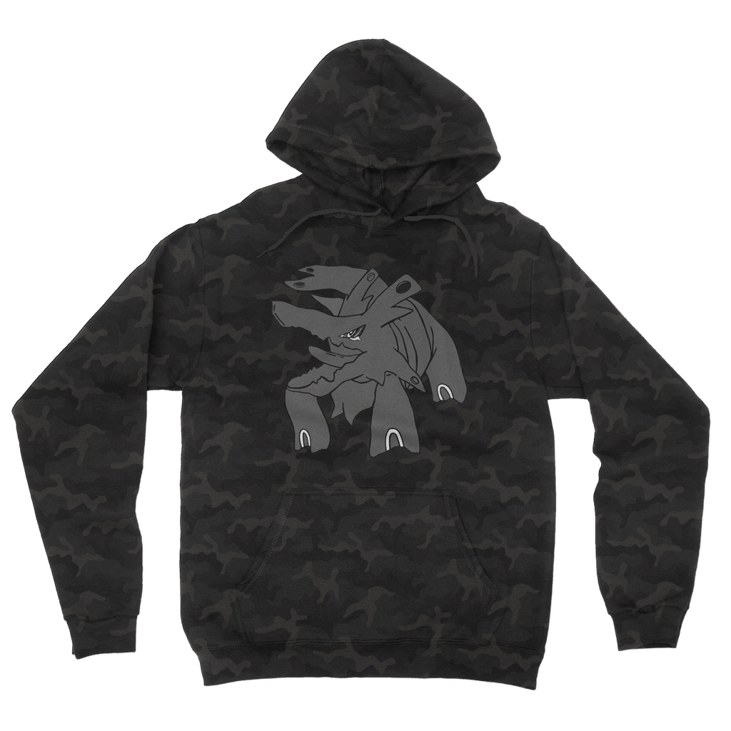 Titanica Camouflage Adult Hoodie featuring an all-over camo design, double fabric hood, and kangaroo pouch pocket.