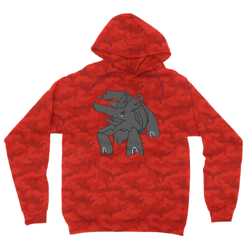 Titanica Camouflage Adult Hoodie featuring an all-over camo design, double fabric hood, and kangaroo pouch pocket.