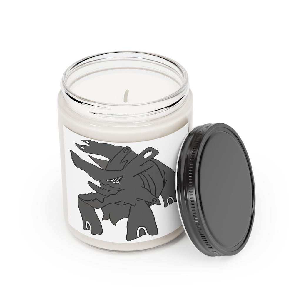 Titanica Scented Candle in a glass container, featuring a permanent label, showcasing its vegan soy coconut wax and elegant design.