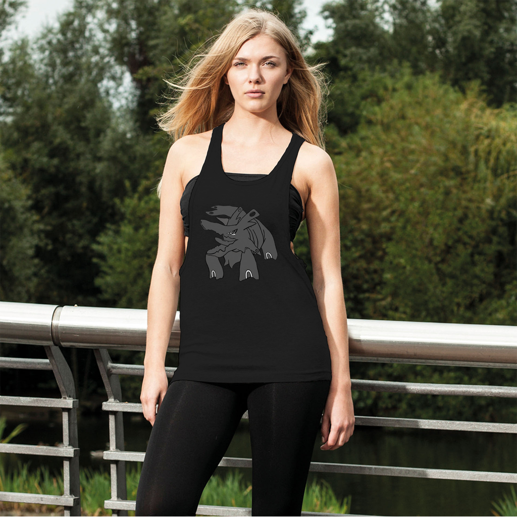 Titanica Women's Loose Racerback Tank Top in light grey, featuring a wide crew neck and extra-deep armholes for a trendy gym look.