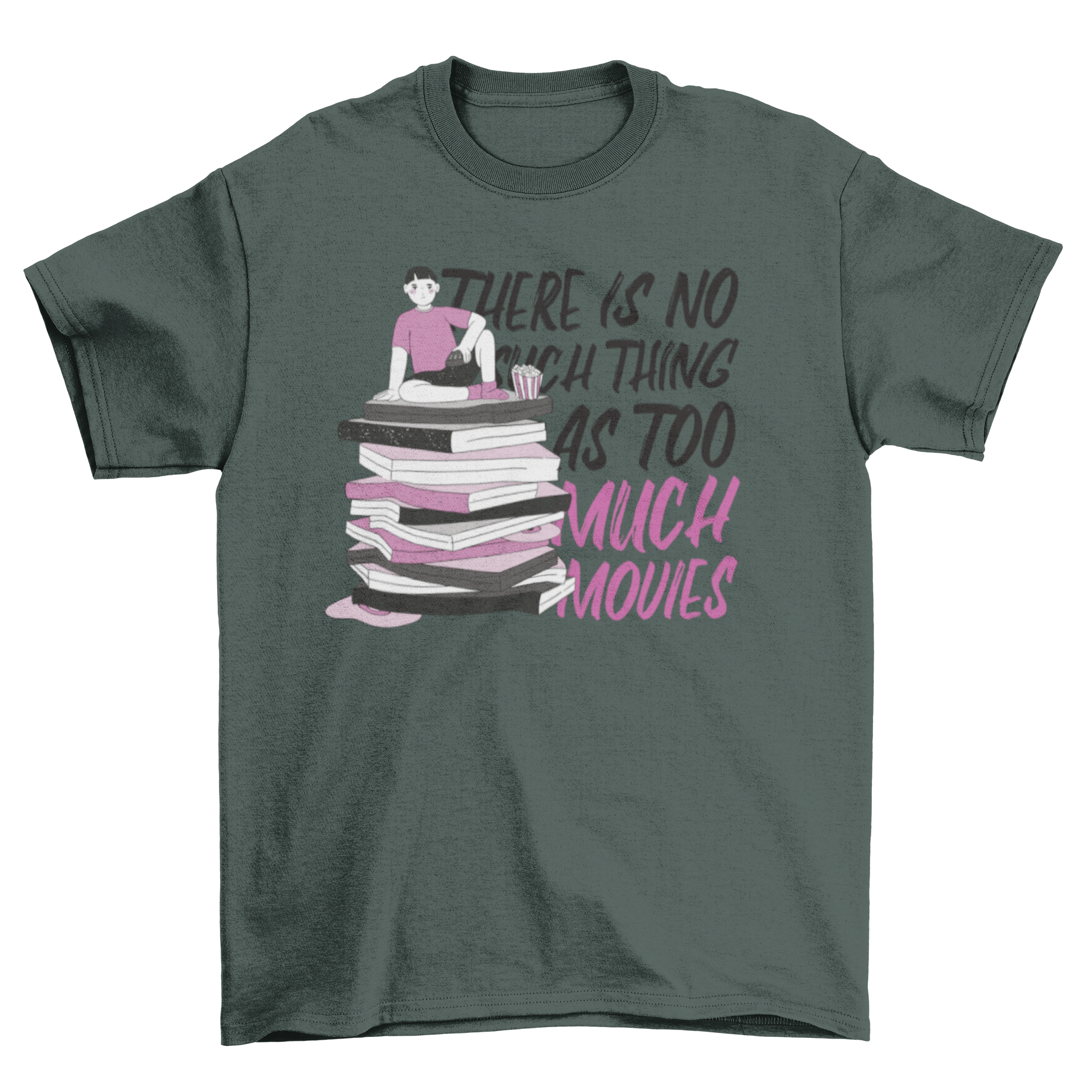 A stylish t-shirt featuring a guy sitting on movie boxes with the quote 'There's no such a thing as too much movies'.