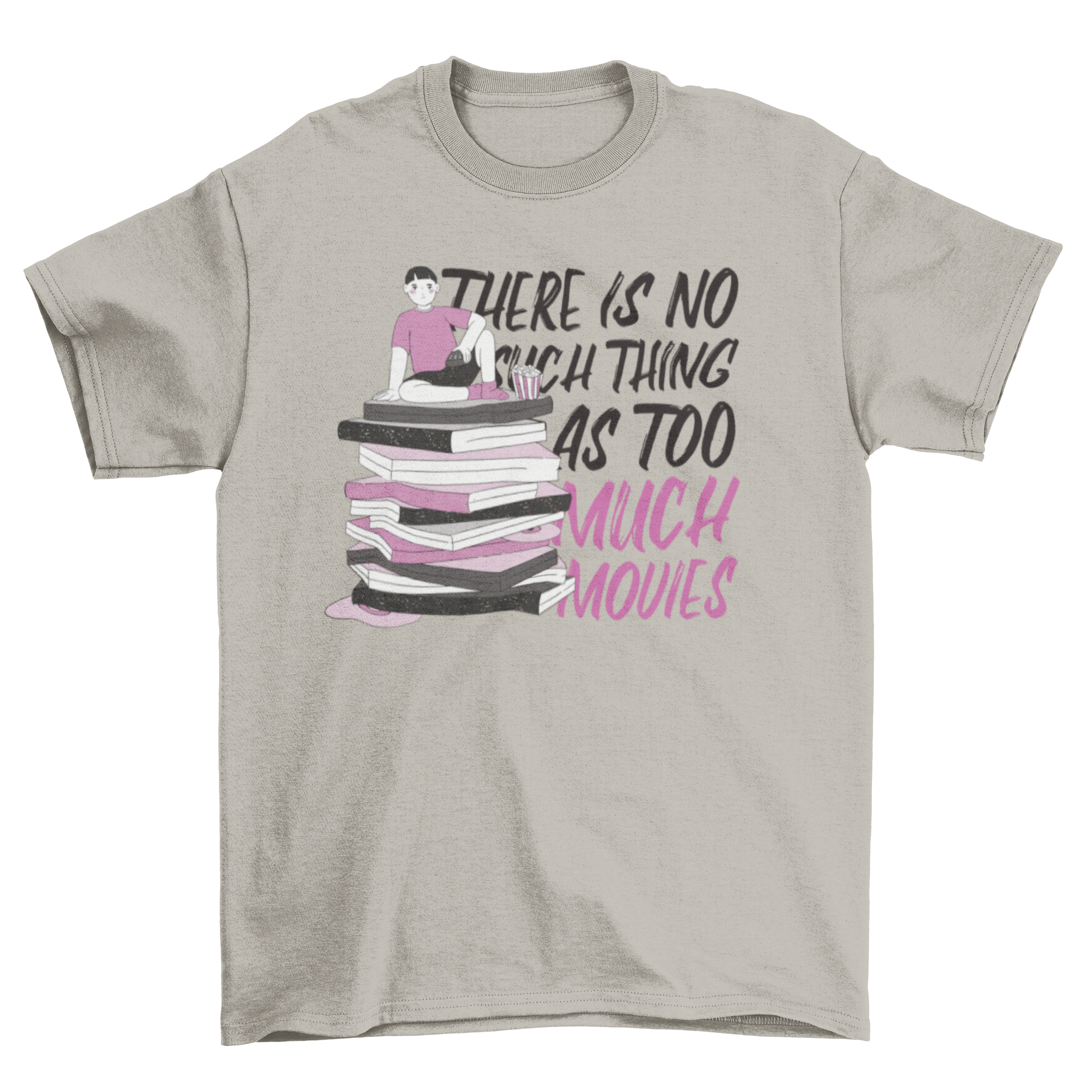 A stylish t-shirt featuring a guy sitting on movie boxes with the quote 'There's no such a thing as too much movies'.