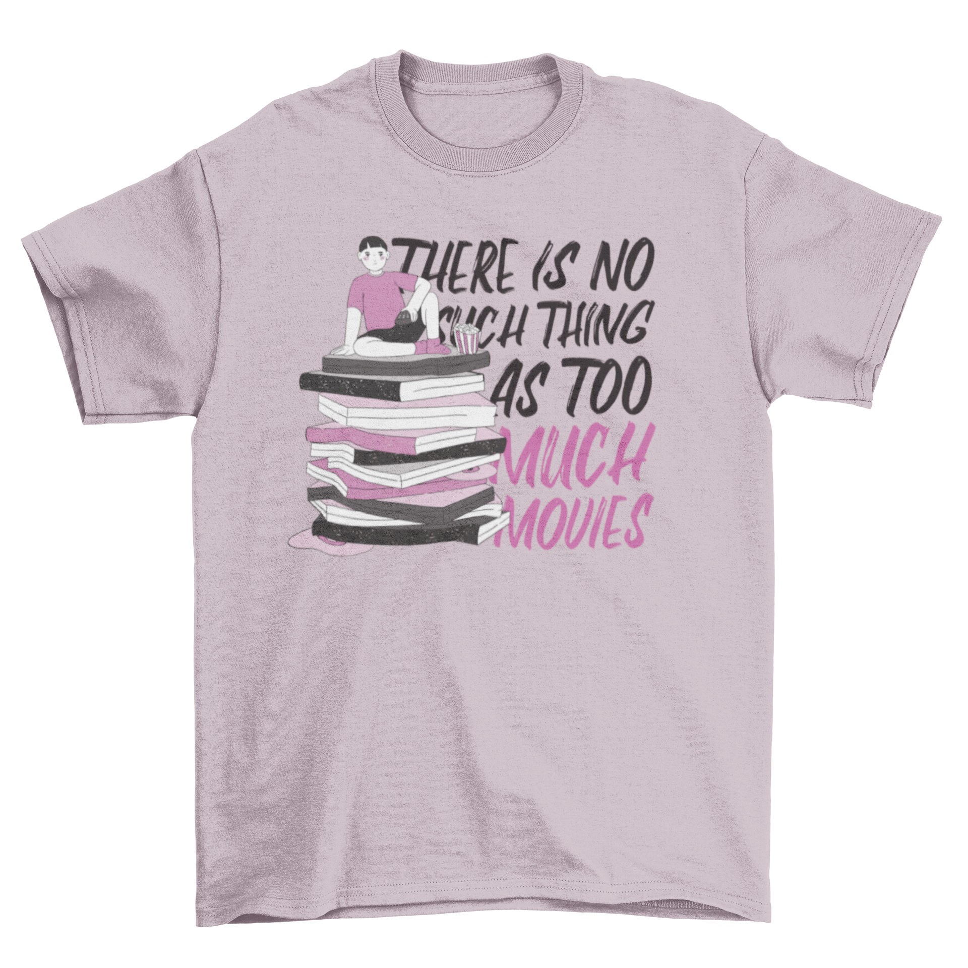 A stylish t-shirt featuring a guy sitting on movie boxes with the quote 'There's no such a thing as too much movies'.