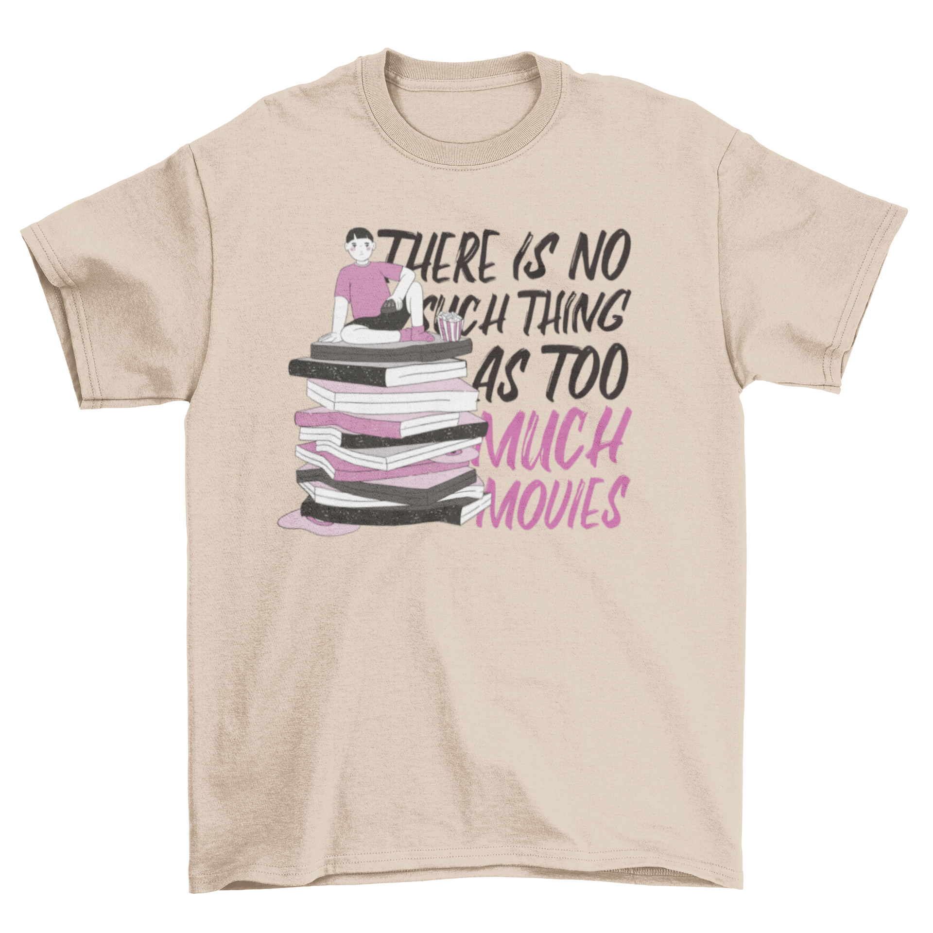 A stylish t-shirt featuring a guy sitting on movie boxes with the quote 'There's no such a thing as too much movies'.