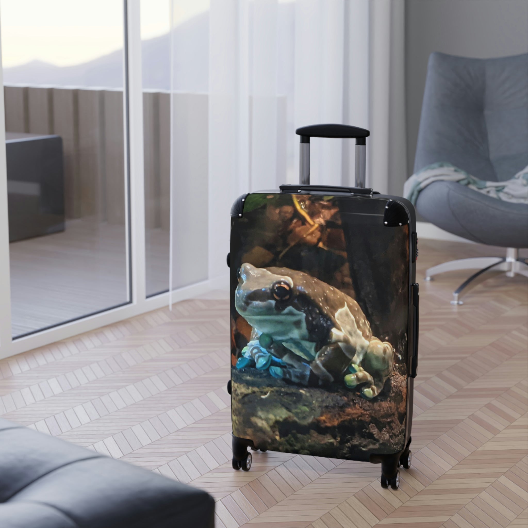 Toad Cabin Suitcase featuring a personalized design, lightweight polycarbonate front, and ABS back, with adjustable handle and 360° swivel wheels.