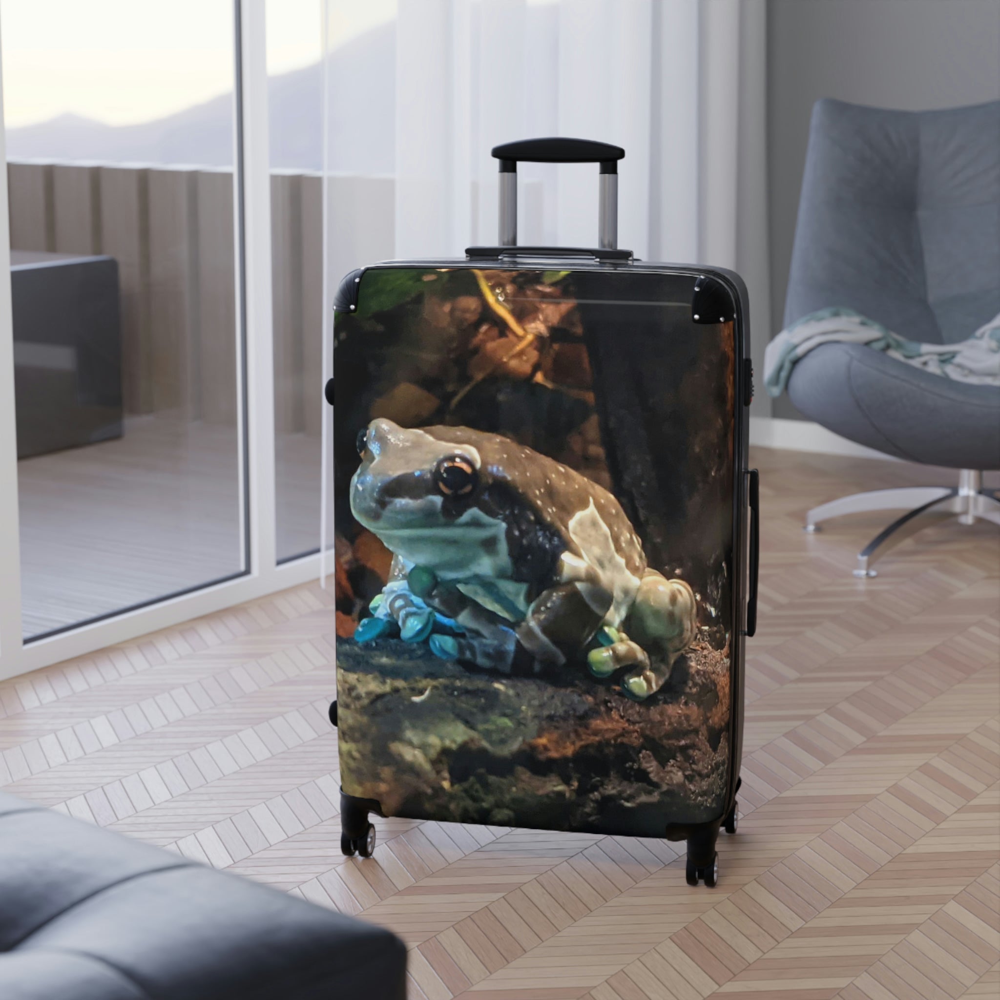 Toad Cabin Suitcase featuring a personalized design, lightweight polycarbonate front, and ABS back, with adjustable handle and 360° swivel wheels.