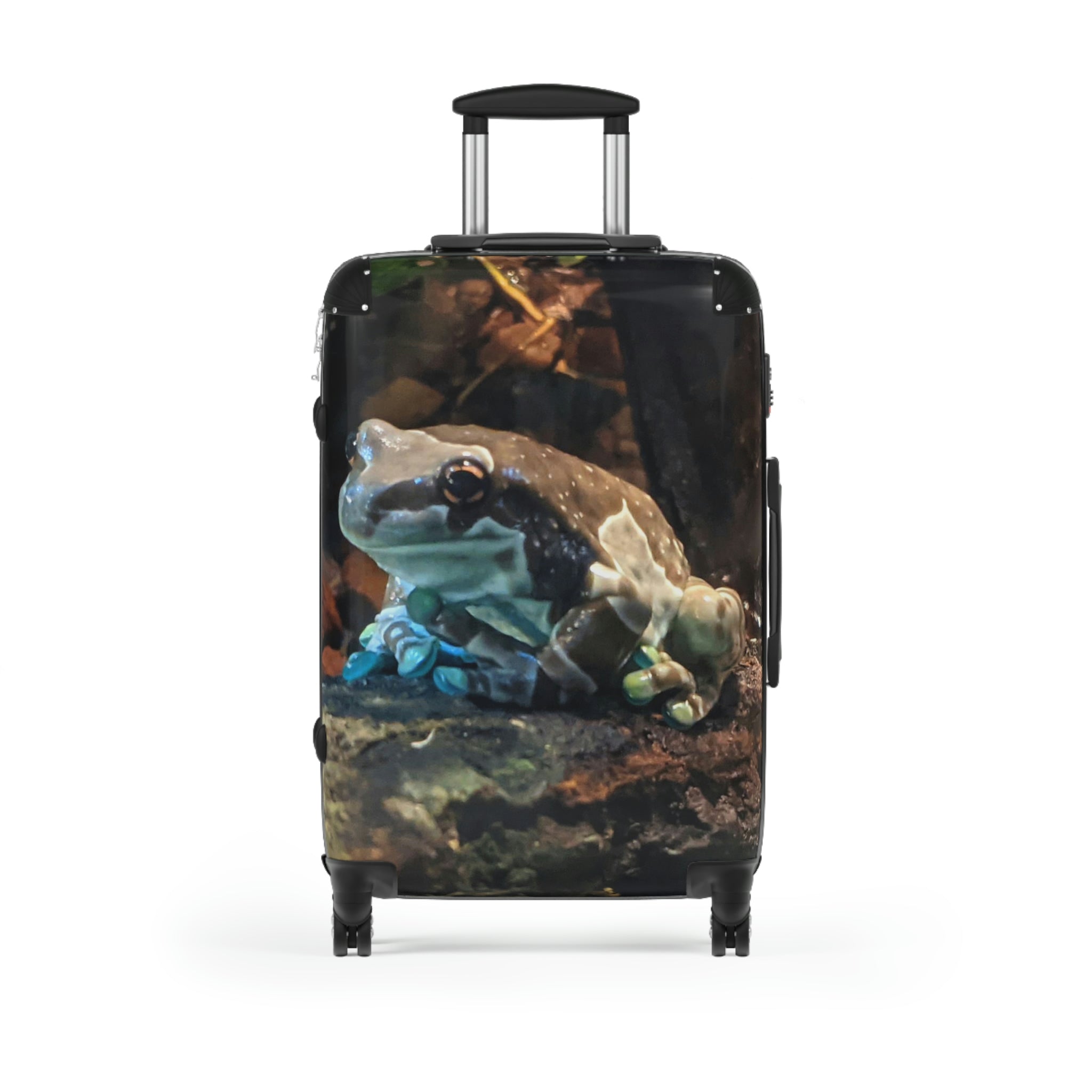 Toad Cabin Suitcase featuring a personalized design, lightweight polycarbonate front, and ABS back, with adjustable handle and 360° swivel wheels.