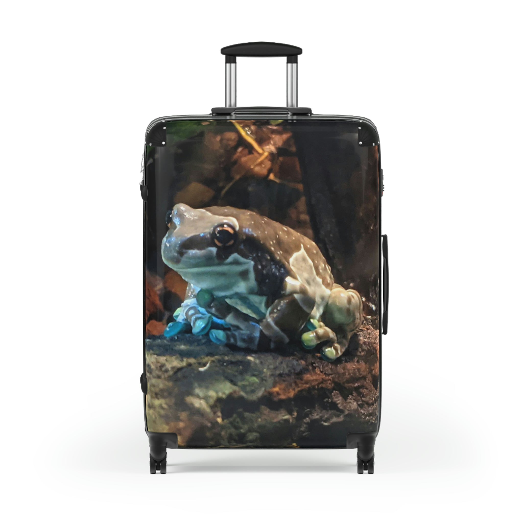 Toad Cabin Suitcase featuring a personalized design, lightweight polycarbonate front, and ABS back, with adjustable handle and 360° swivel wheels.