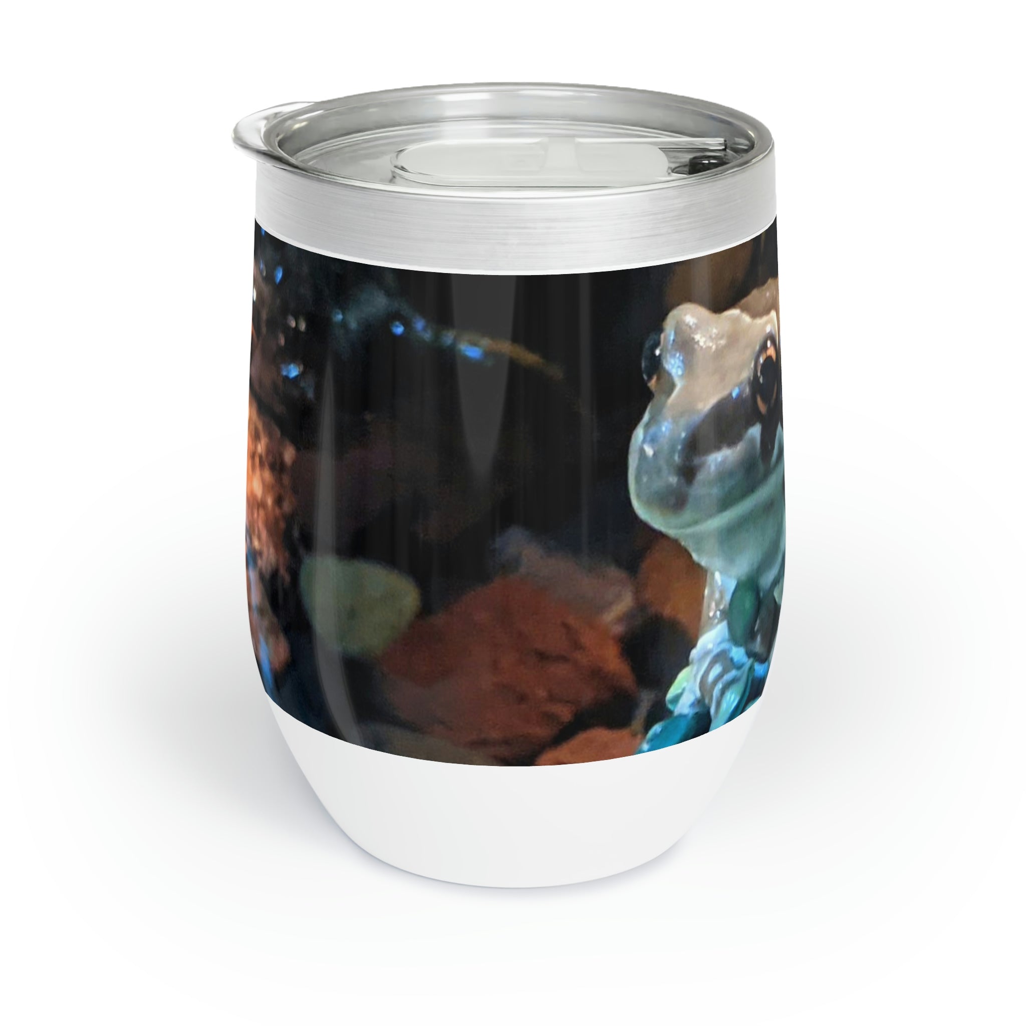 Toad Chill Wine Tumbler in stainless steel with customizable design, showcasing its double-insulated walls and stemless shape.