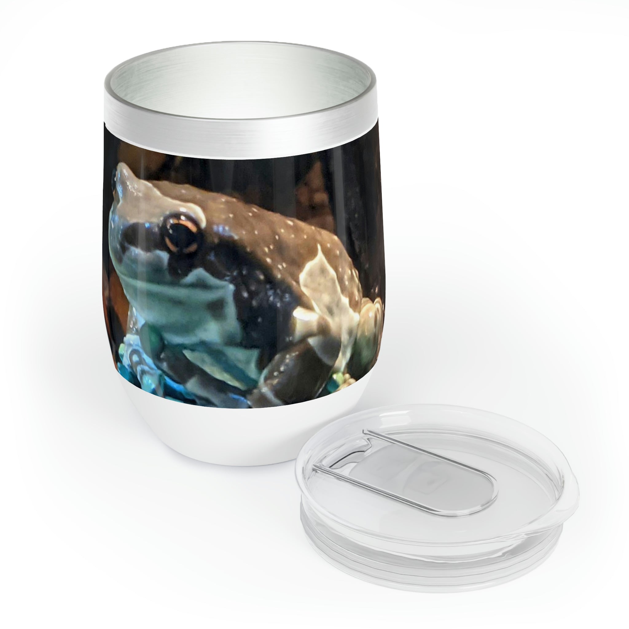 Toad Chill Wine Tumbler in stainless steel with customizable design, showcasing its double-insulated walls and stemless shape.