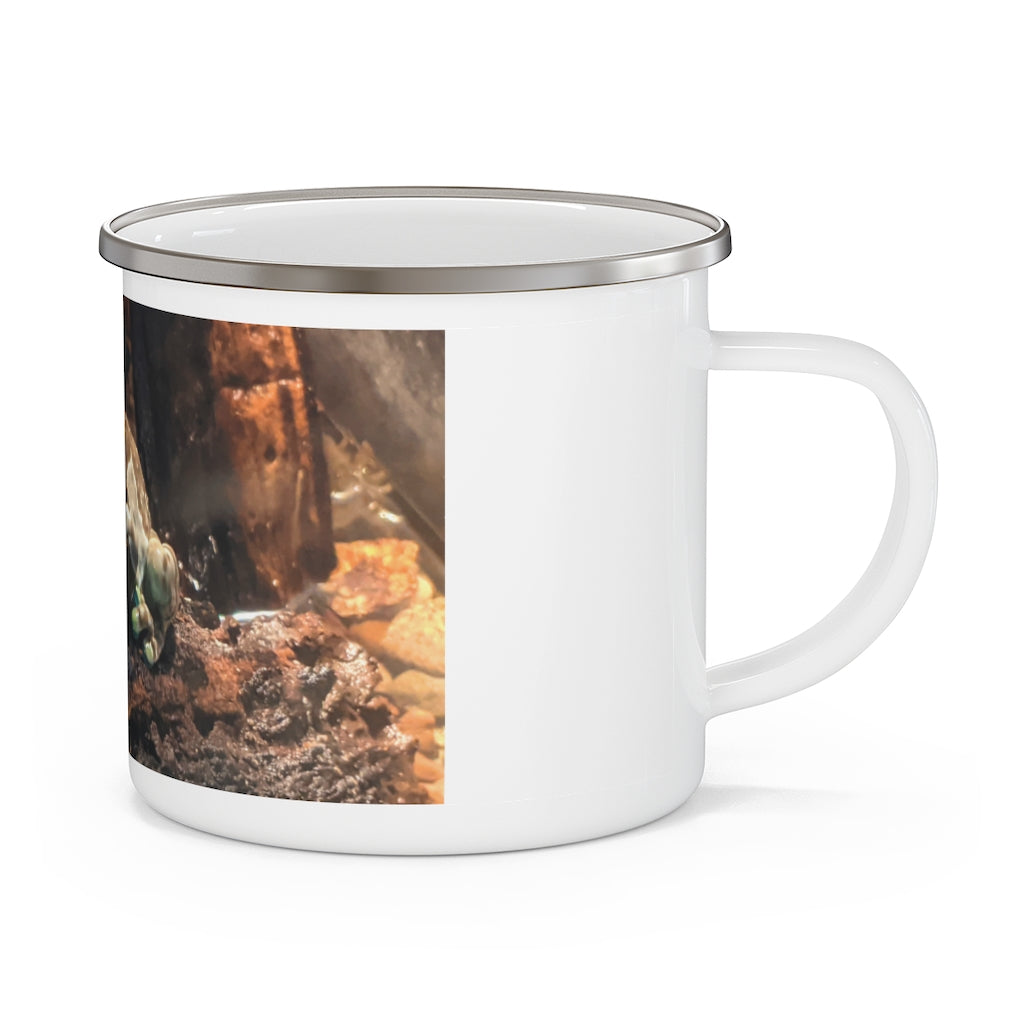 Toad Enamel Camping Mug with a colorful design, perfect for outdoor use, showcasing its durable stainless steel and rounded corners.