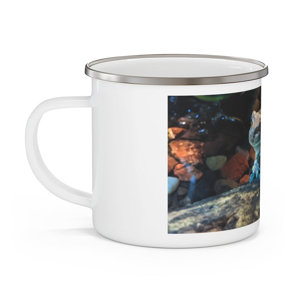 Toad Enamel Camping Mug with a colorful design, perfect for outdoor use, showcasing its durable stainless steel and rounded corners.