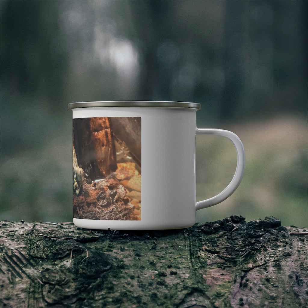 Toad Enamel Camping Mug with a colorful design, perfect for outdoor use, showcasing its durable stainless steel and rounded corners.