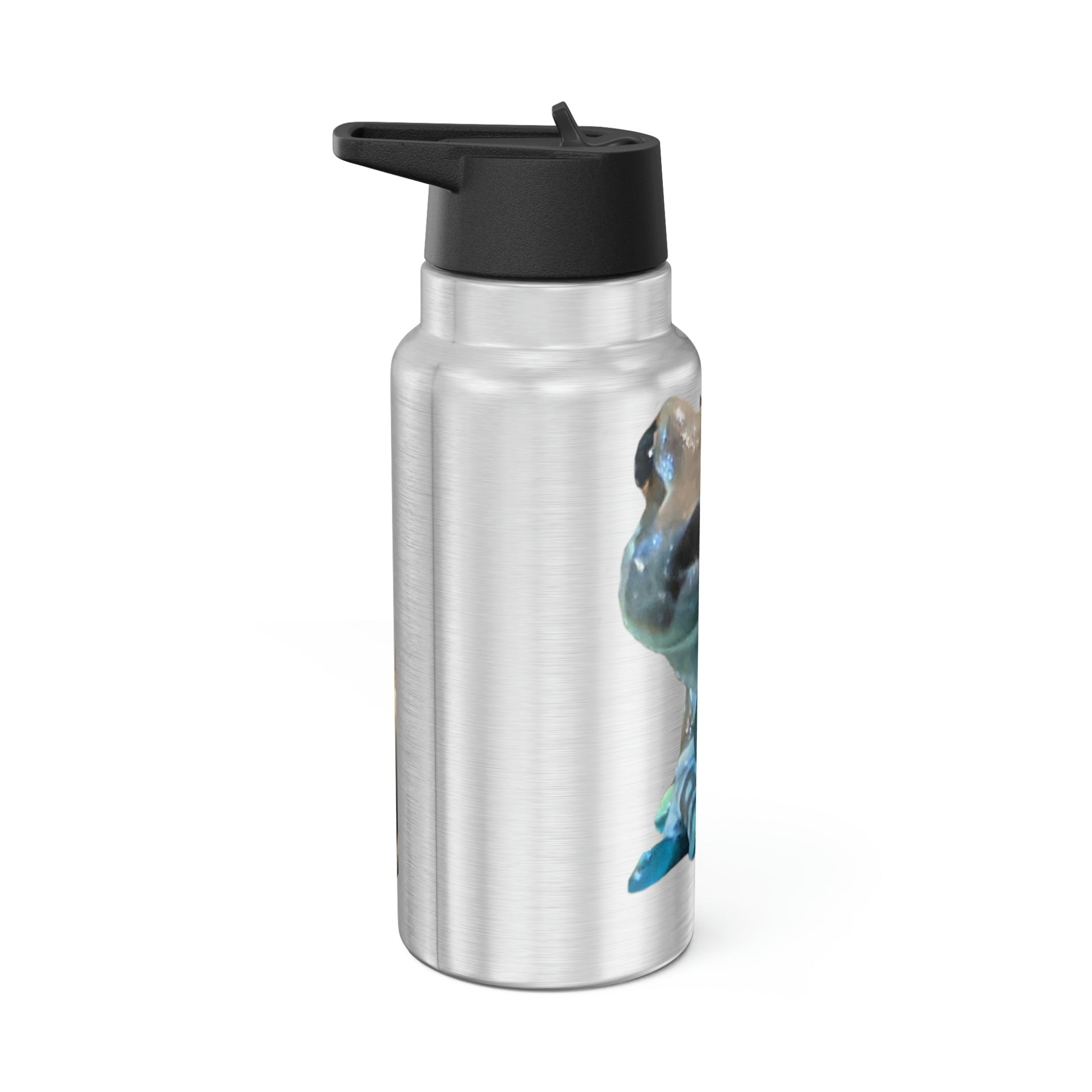 Toad Gator Tumbler in stainless steel with a black screw-on cap and a plastic straw, showcasing a customizable design.