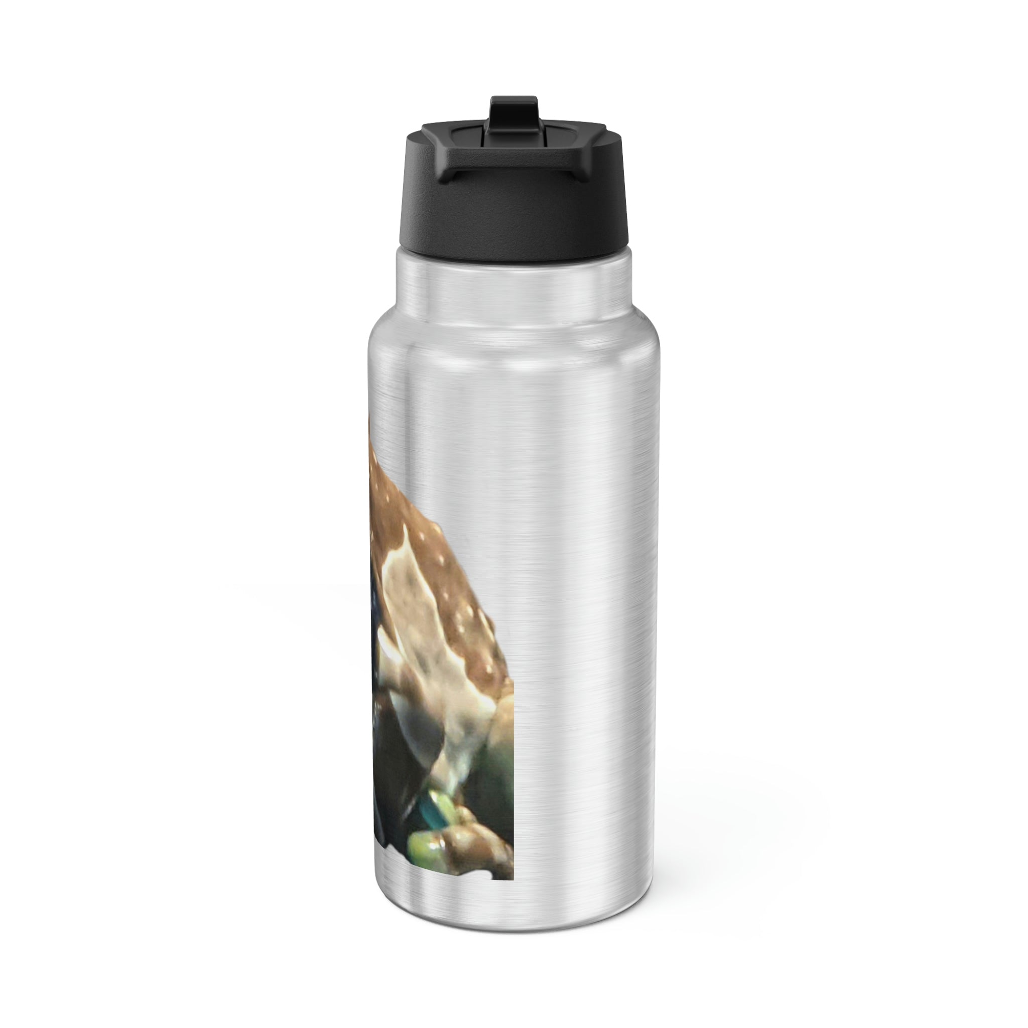 Toad Gator Tumbler in stainless steel with a black screw-on cap and a plastic straw, showcasing a customizable design.