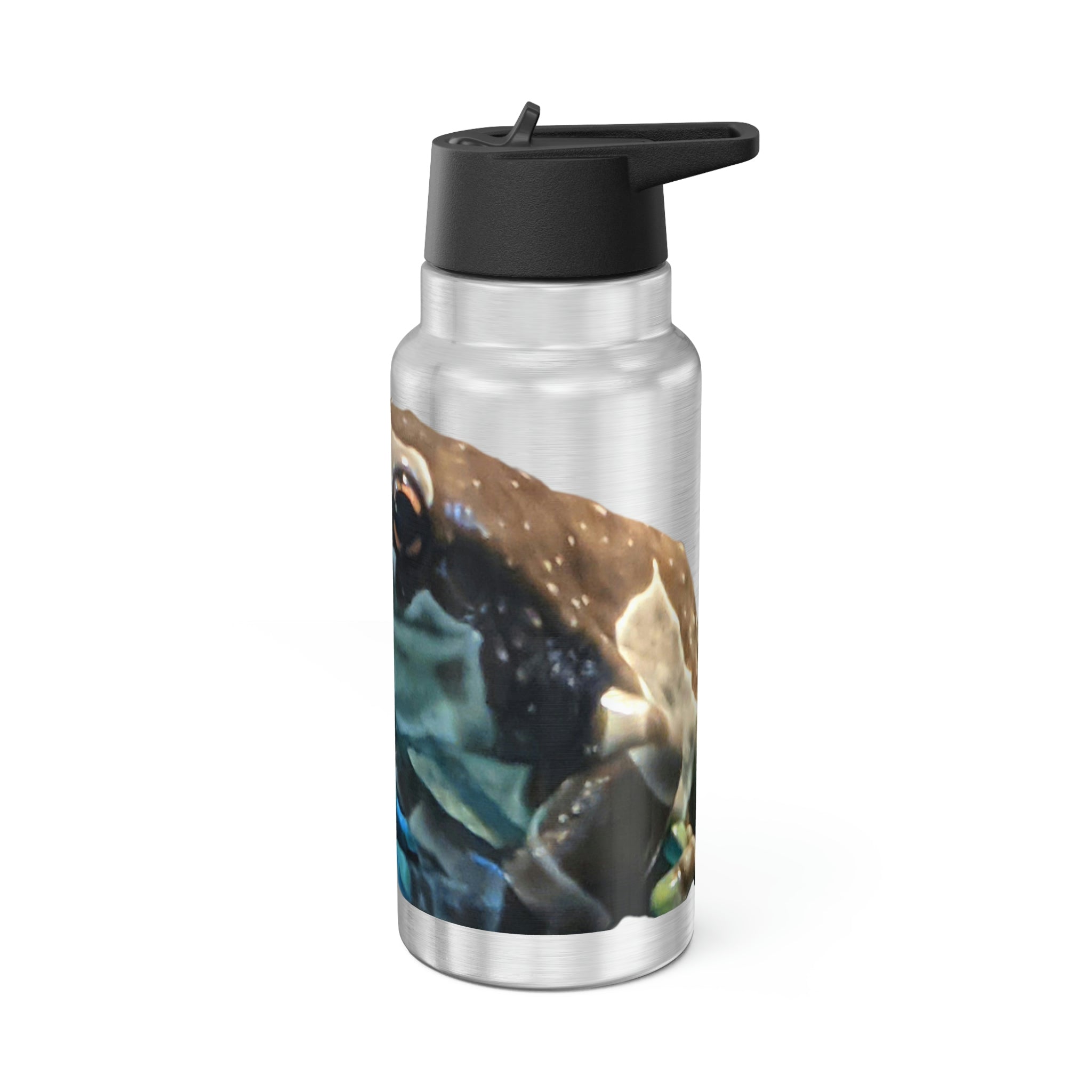 Toad Gator Tumbler in stainless steel with a black screw-on cap and a plastic straw, showcasing a customizable design.