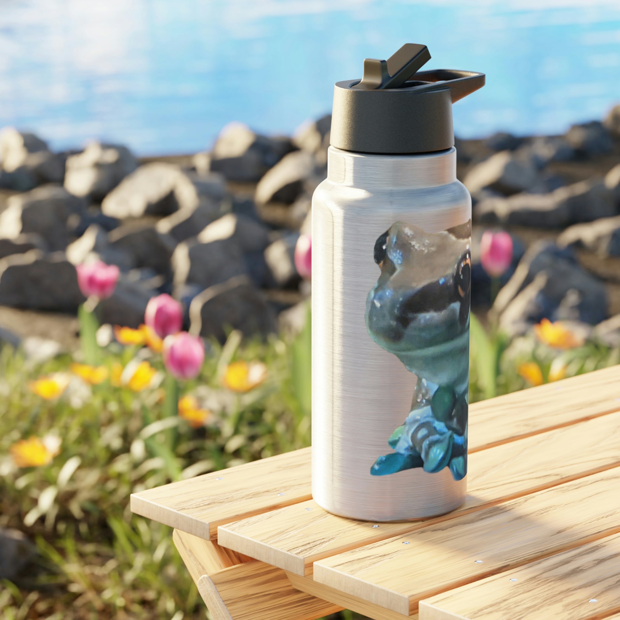 Toad Gator Tumbler in stainless steel with a black screw-on cap and a plastic straw, showcasing a customizable design.