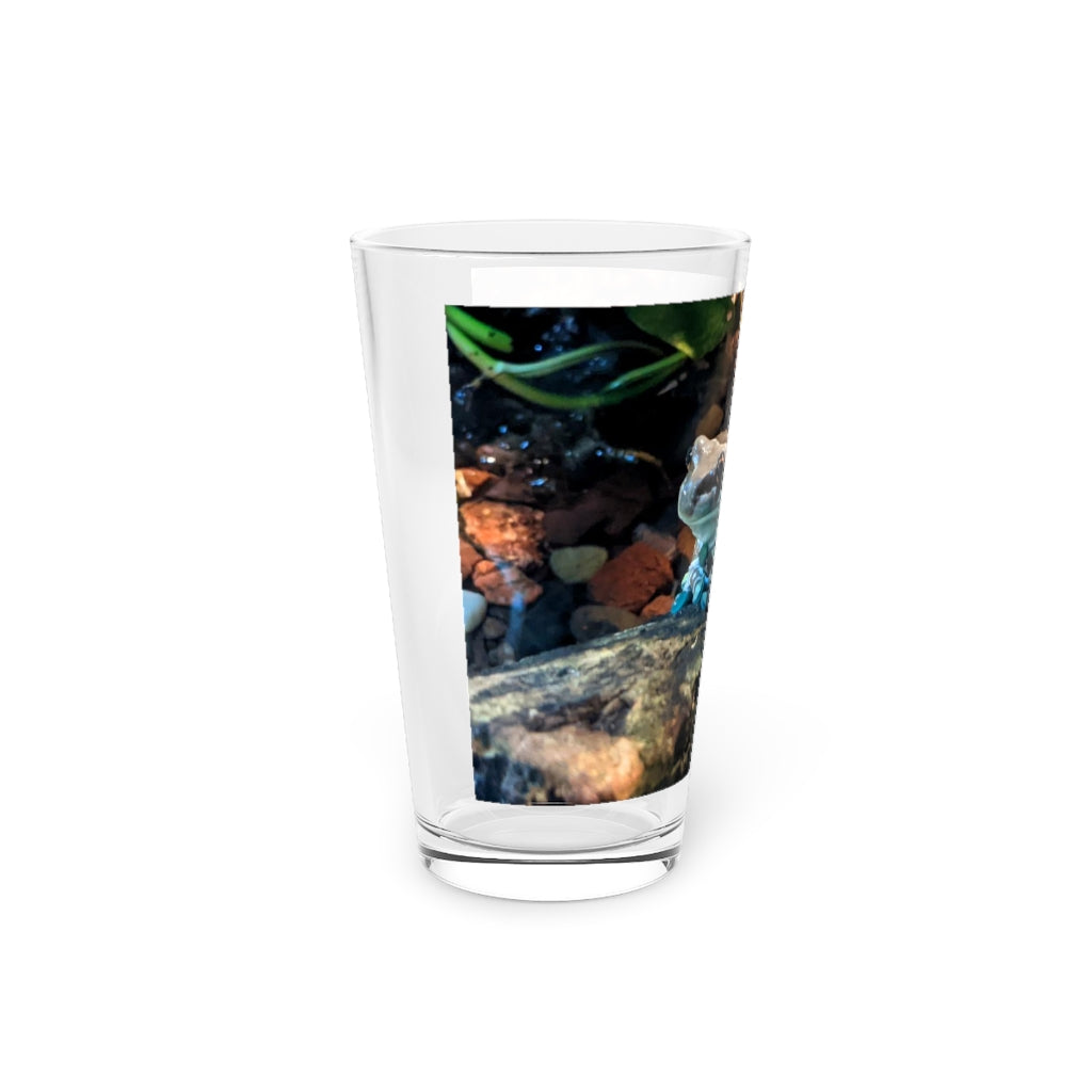 A clear 16oz Toad Pint Glass showcasing its elegant design, perfect for personalized drinks.