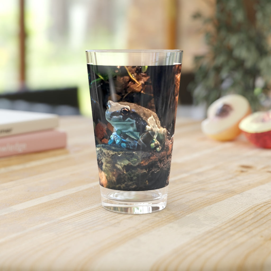 A clear 16oz Toad Pint Glass showcasing its elegant design, perfect for personalized drinks.